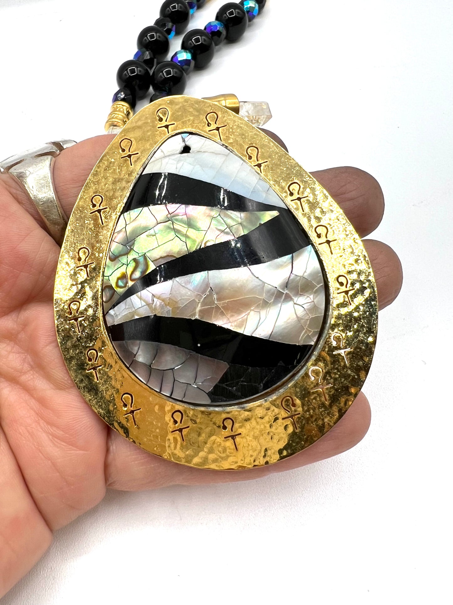 Large Bic Crystal Hand Made Necklace Ophiolite Abalone Shells, Obsidian, clear quartz Statement Large pendant gold