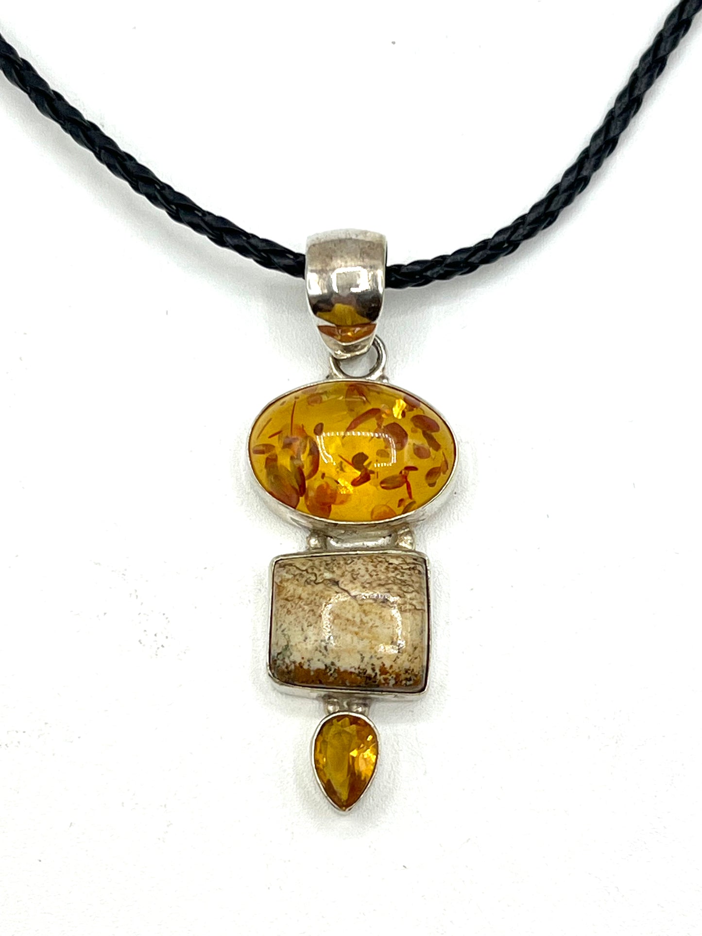 Amber Citrine Picture Jasper Large 925 Silver Pendant for women or Men