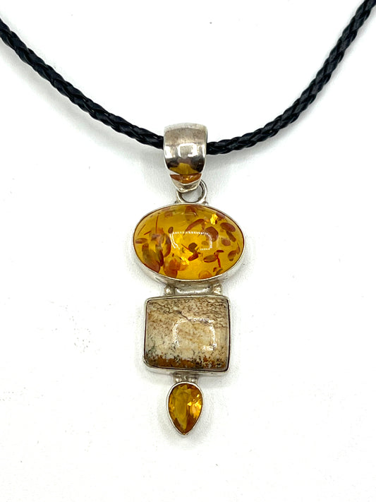 Amber Citrine Picture Jasper Large 925 Silver Pendant for women or Men