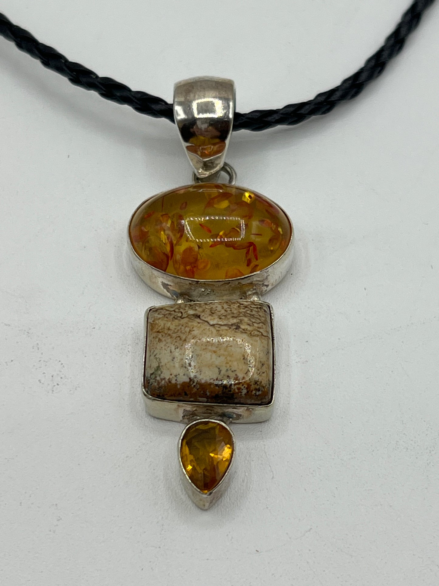 Amber Citrine Picture Jasper Large 925 Silver Pendant for women or Men