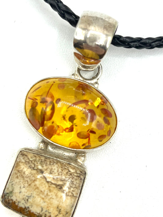 Amber Citrine Picture Jasper Large 925 Silver Pendant for women or Men