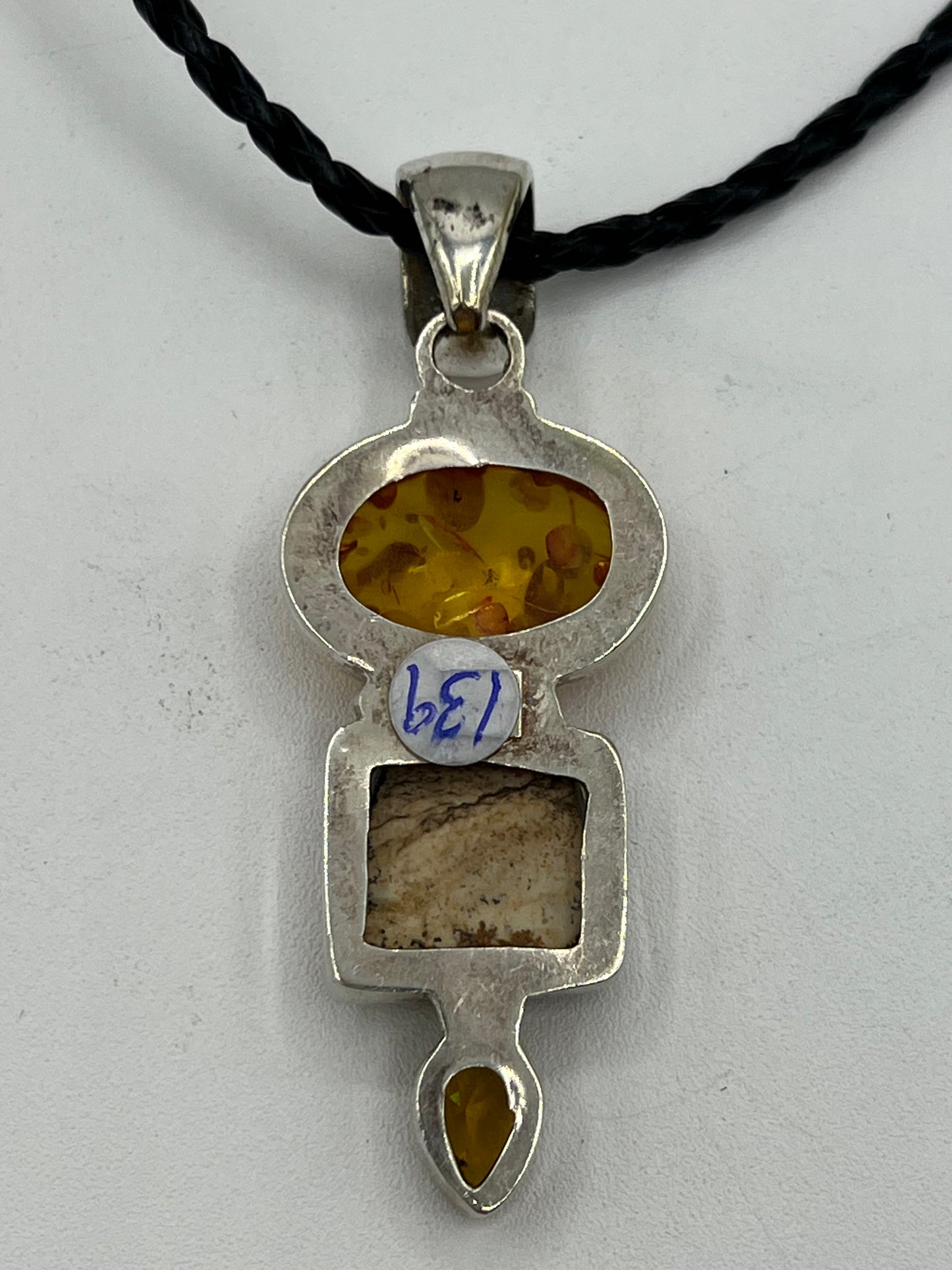 Amber Citrine Picture Jasper Large 925 Silver Pendant for women or Men