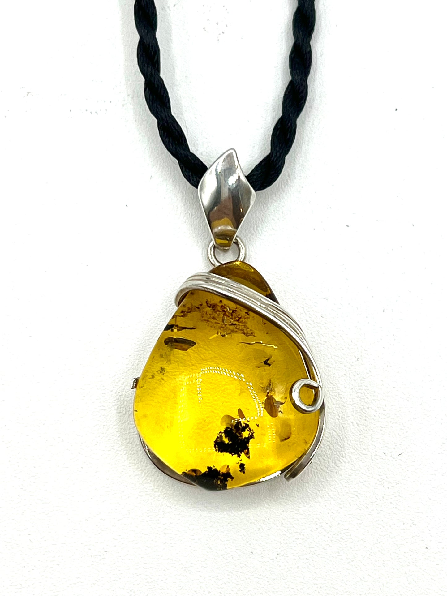 Amber Large Pendant Silver Round Healing Crystal Necklace