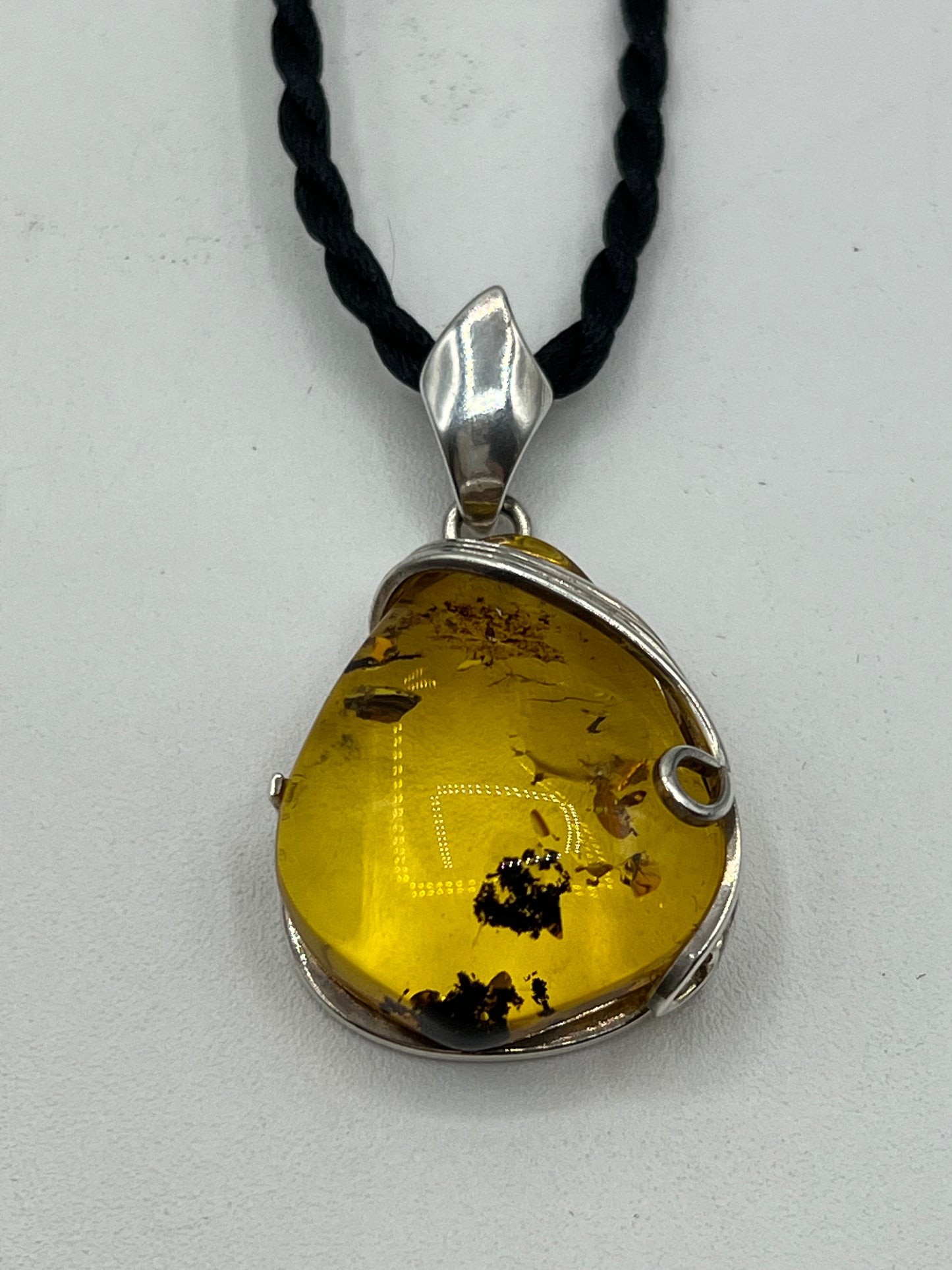 Amber Large Pendant Silver Round Healing Crystal Necklace