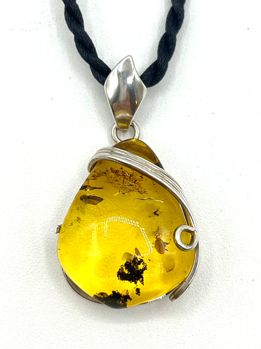 Amber Large Pendant Silver Round Healing Crystal Necklace