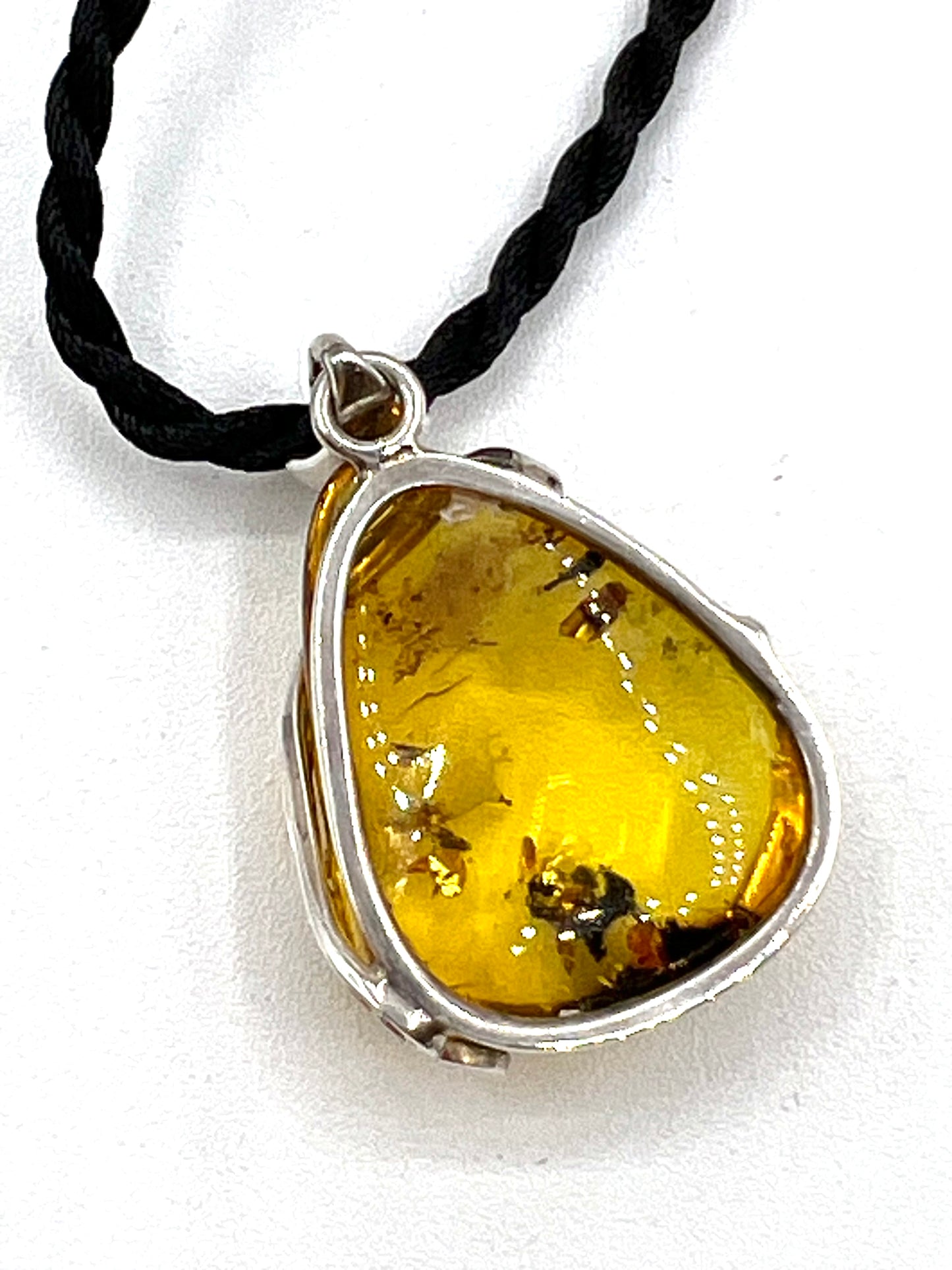 Amber Large Pendant Silver Round Healing Crystal Necklace