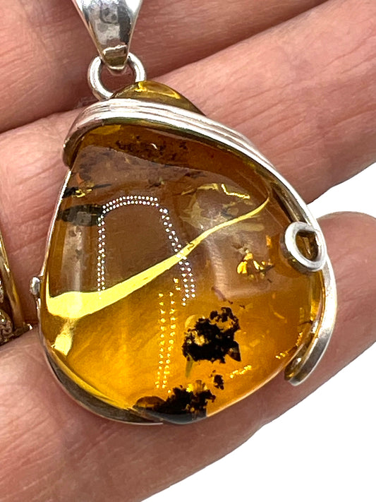 Amber Large Pendant Silver Round Healing Crystal Necklace