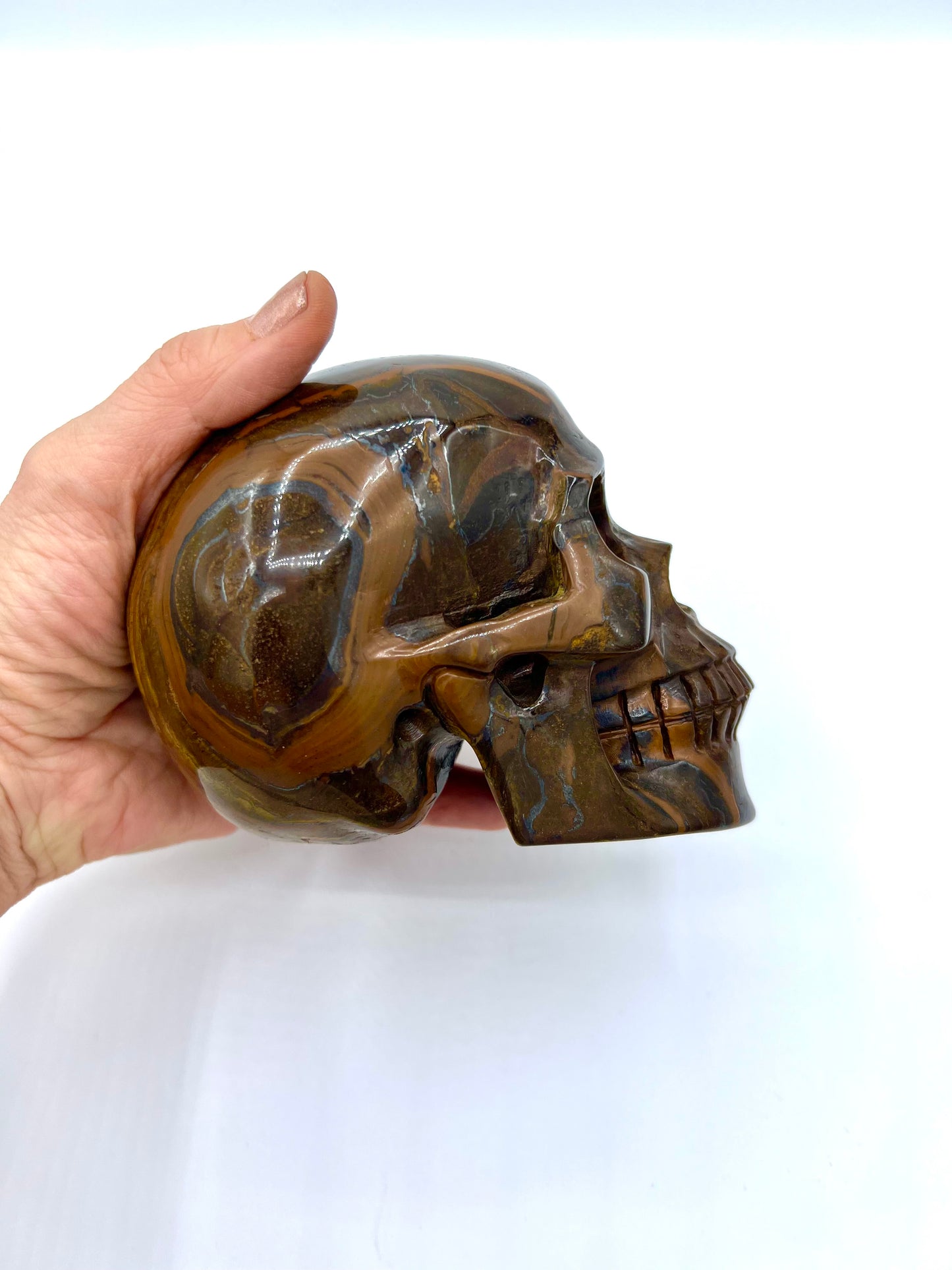 Tigers Eye Large Skull Healing crystal Head Table Top Carved Root Chakra Confidence Emotional Healing