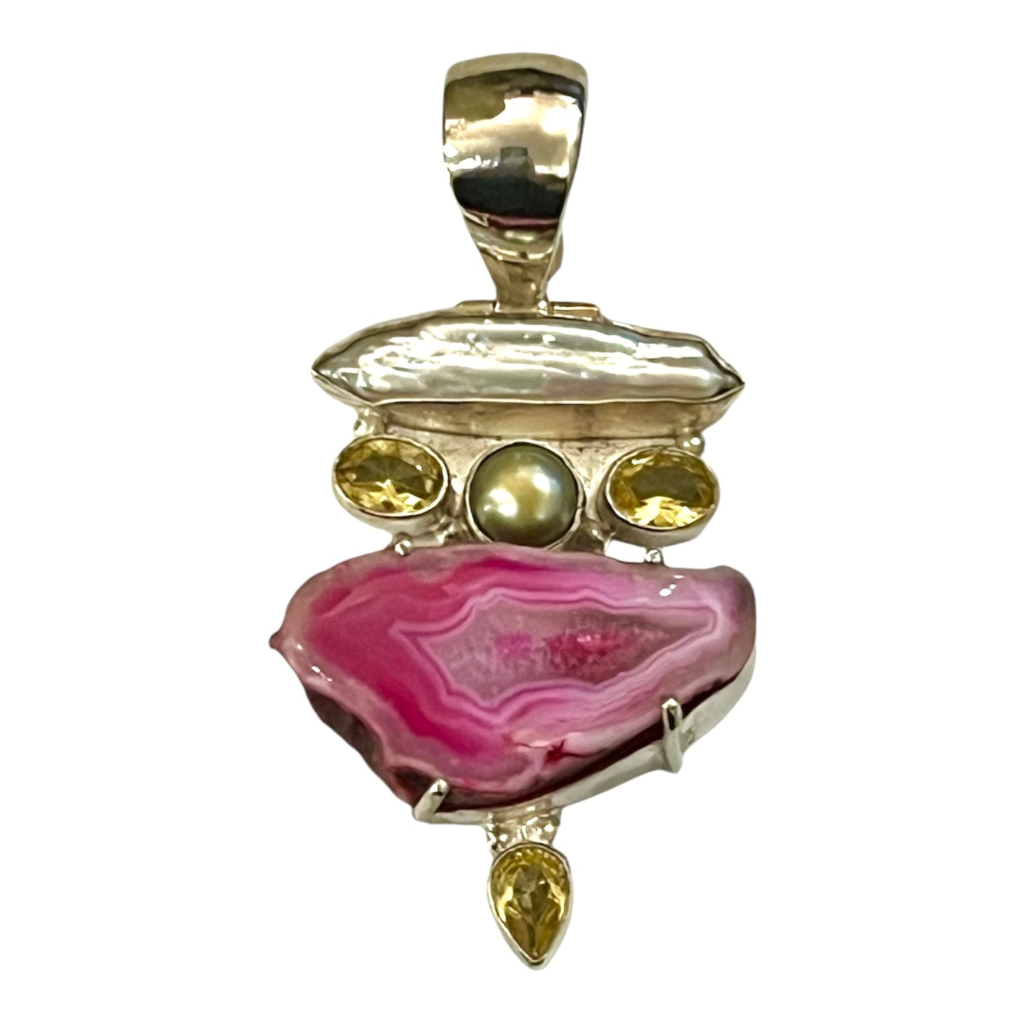 Multi Gemstone Pendant Perl, Citrine, Agate Pure Silver Necklace Vintage Large Unique