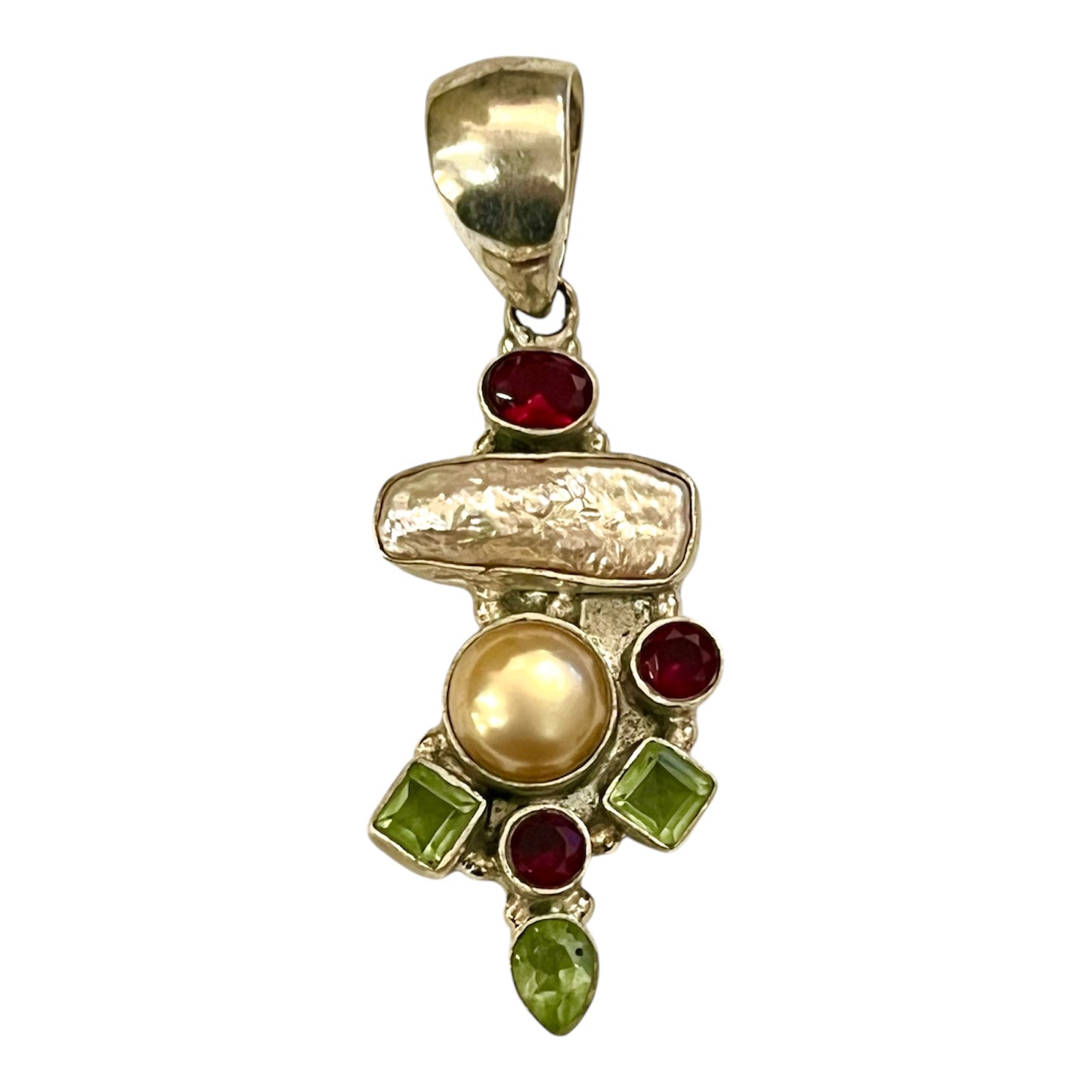 Multi Gemstone Pendant Perl, Peridot, Ruby Pure Silver Necklace Vintage Large