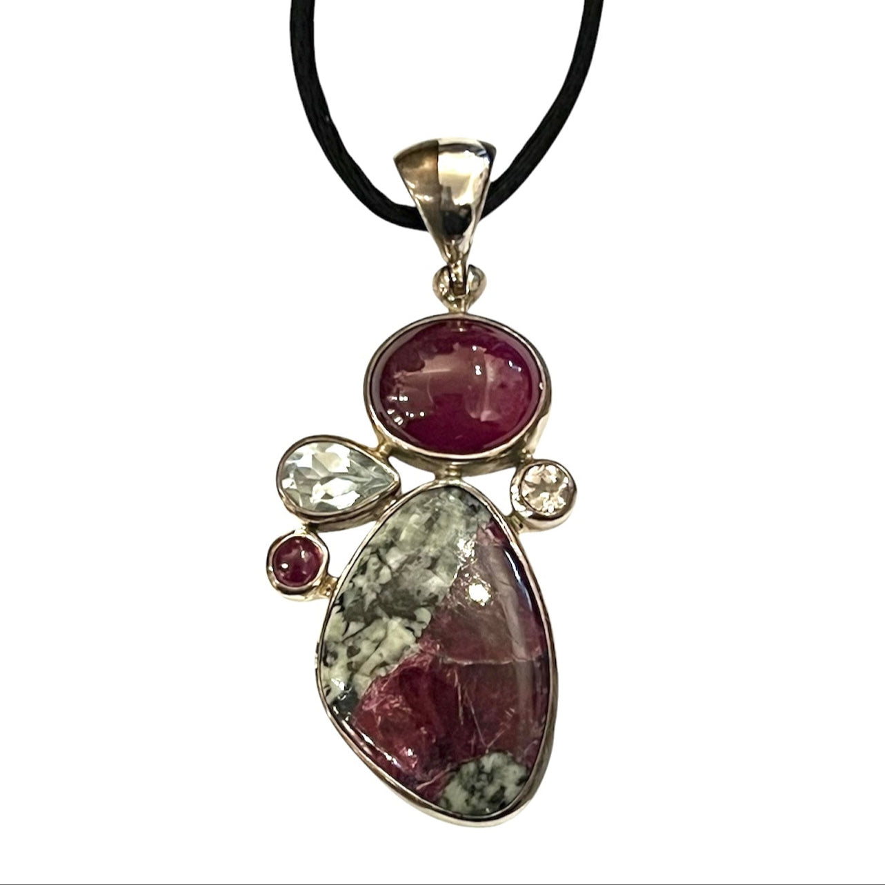 Multi Gemstone Pendant Ruby, Topaz, Eudyalite Pure Silver Necklace Vintage Large Unique