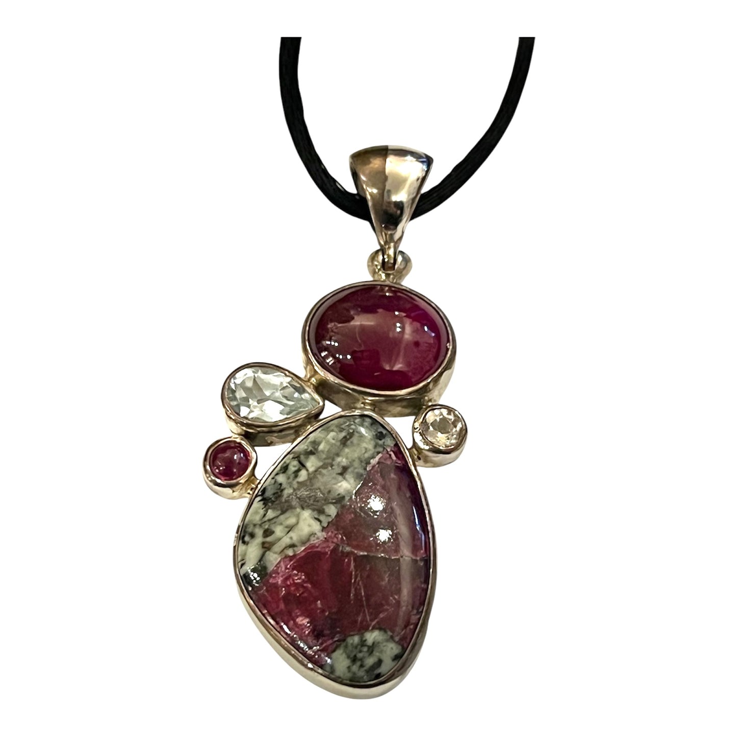 Multi Gemstone Pendant Ruby, Topaz, Eudyalite Pure Silver Necklace Vintage Large Unique