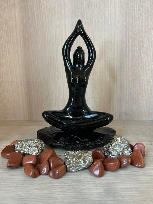 Black Obsidian Crystal Tabletop sculpture Meditating Women  Polished Stone Release Trauma - Negative Energy - Pain - Emotional Damage