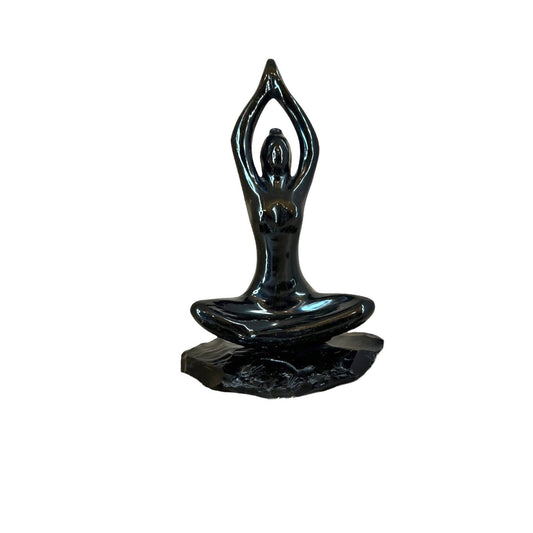 Black Obsidian Crystal Tabletop sculpture Meditating Women  Polished Stone Release Trauma - Negative Energy - Pain - Emotional Damage