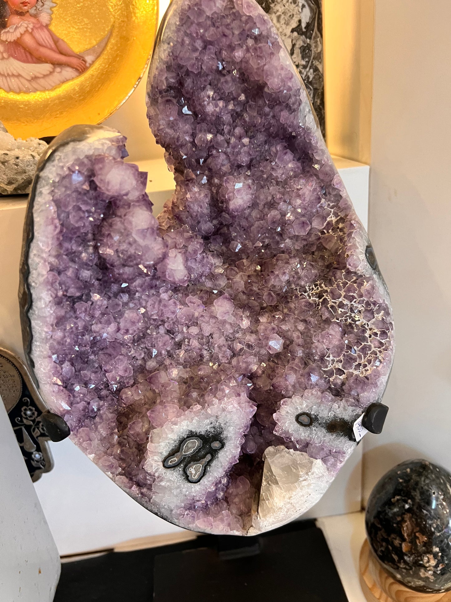 Amethyst Large Table top Healing Crystal Standing on Metal egg shape Cluster With stand