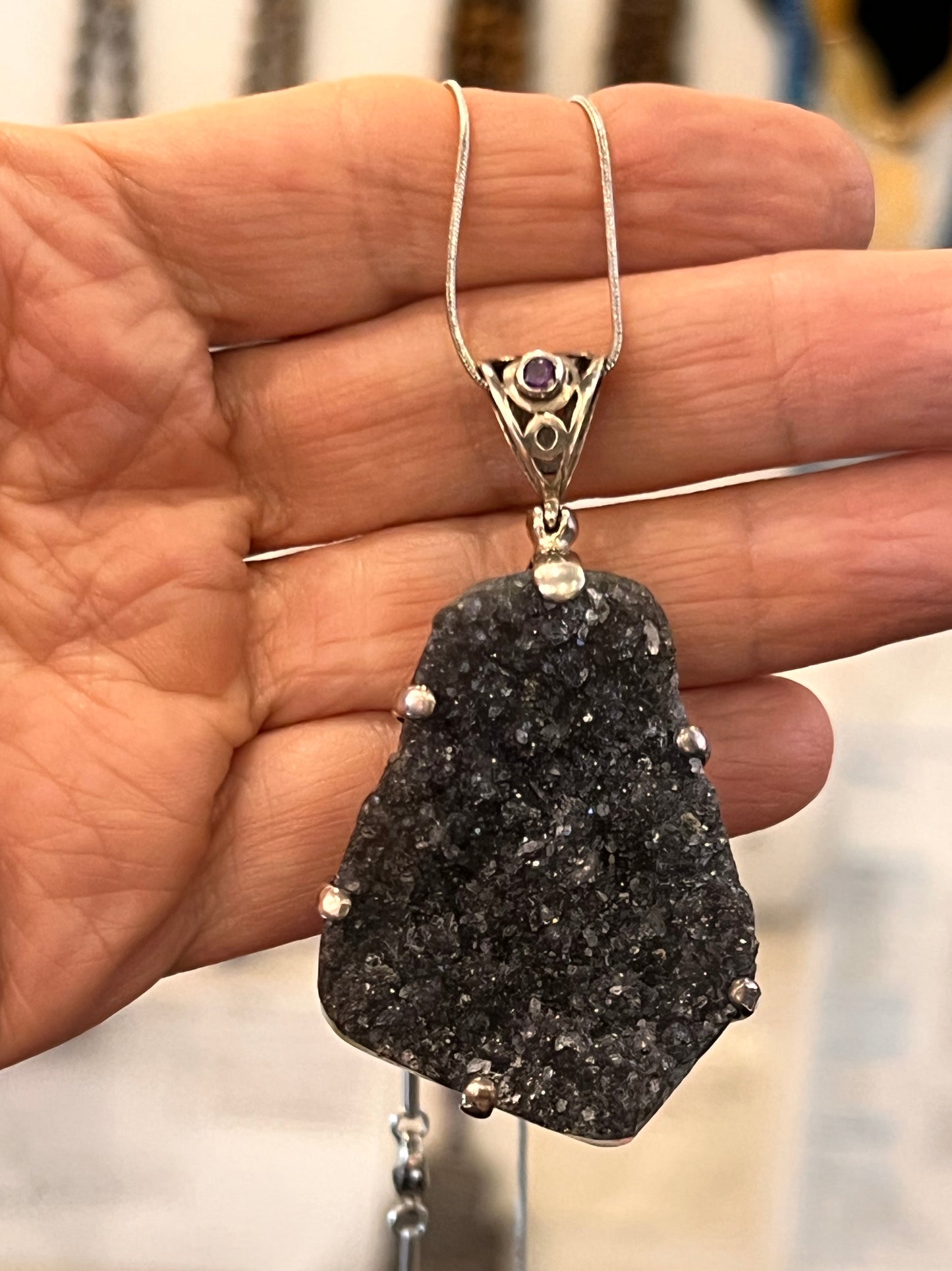 925 Sterling Silver Black Druzy Quartz Pendant with Amethyst Accent | Natural Druzy Crystal Necklace | Statement Jewelry