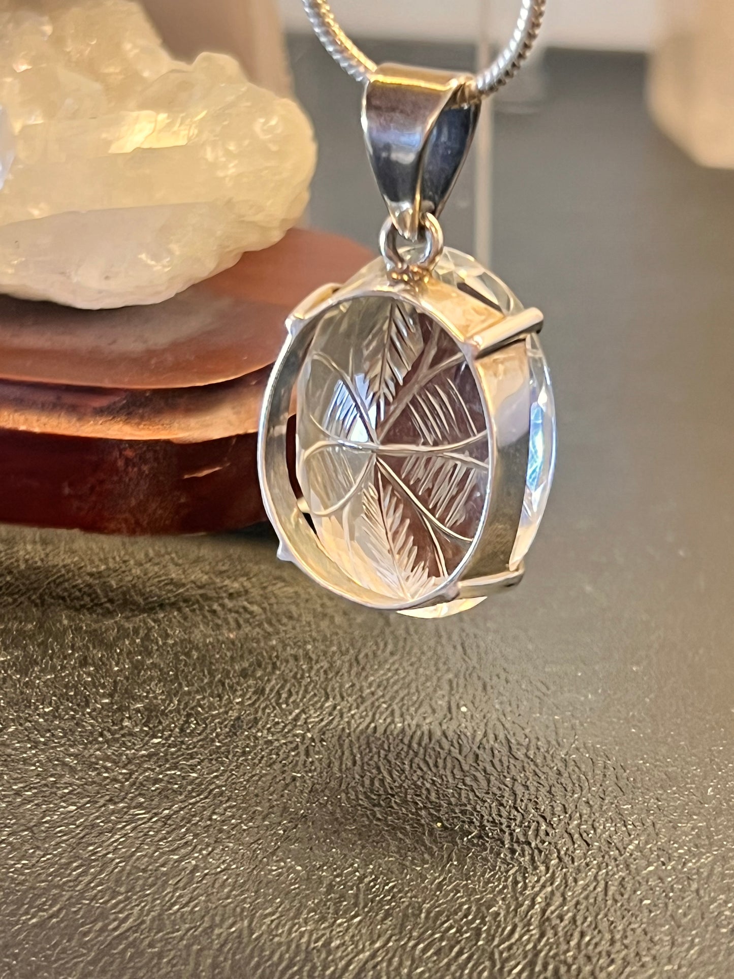 925 Sterling Silver Hand Carved Clear Quartz Flower Pendant | Oval Crystal Necklace | Healing Gemstone Jewelry