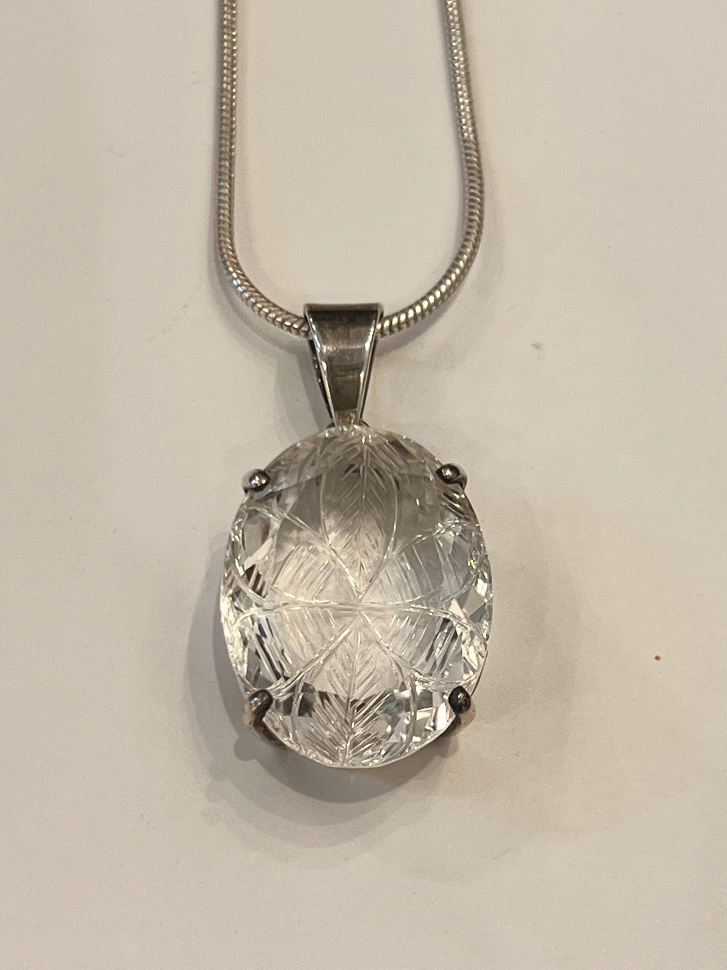 925 Sterling Silver Hand Carved Clear Quartz Flower Pendant | Oval Crystal Necklace | Healing Gemstone Jewelry