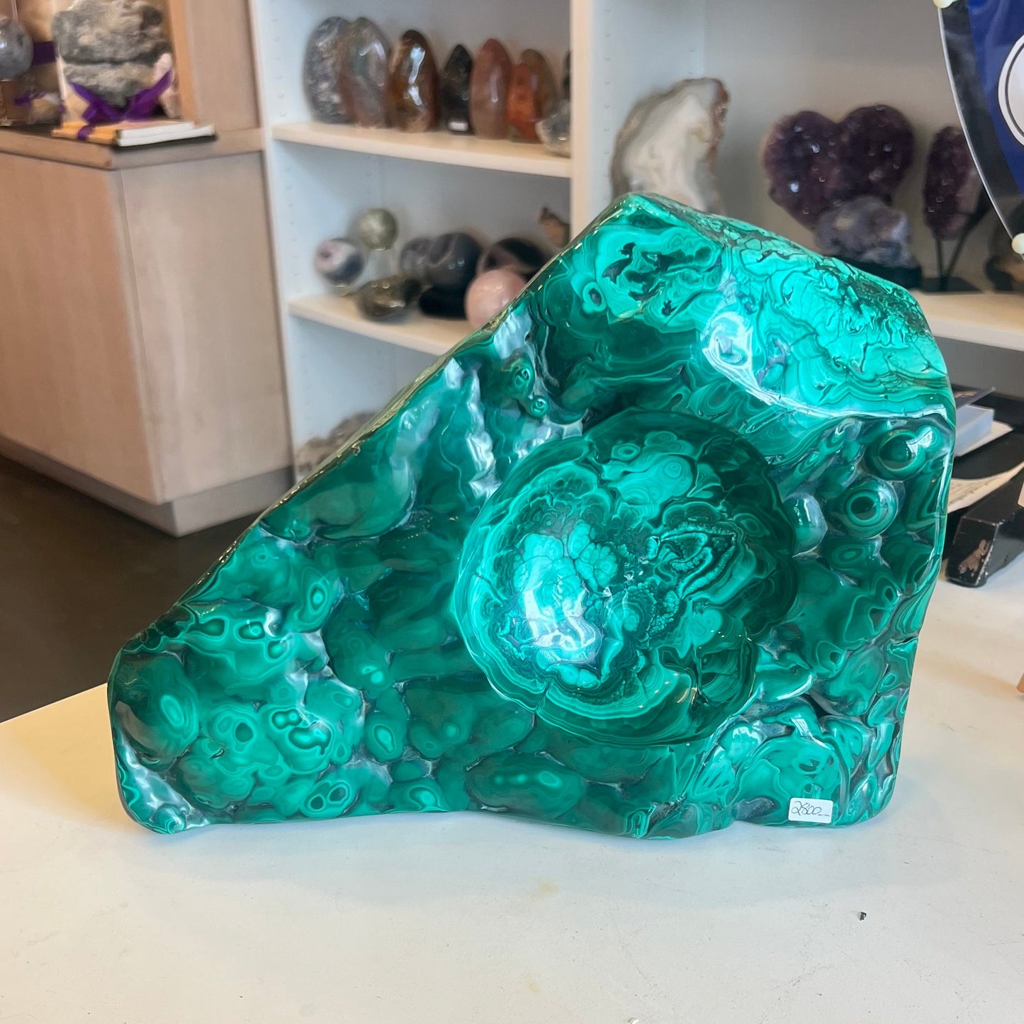 Large Polished Malachite Freeform Sculpture – Natural Malachite Statement Crystal Home Décor