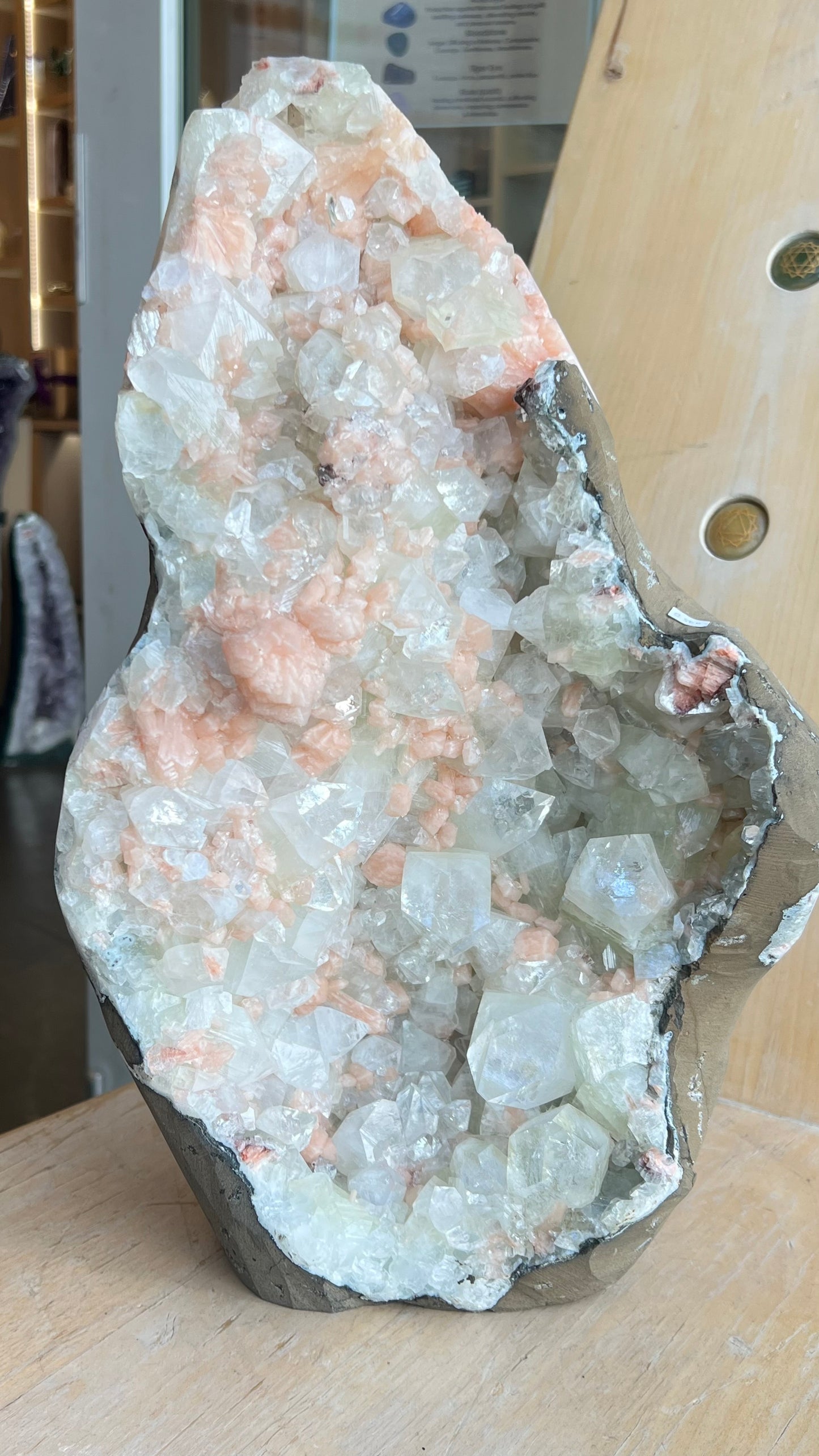 Large Pink Apophyllite & Stilbite Crystal Geode – Natural Healing Crystal Home Décor
