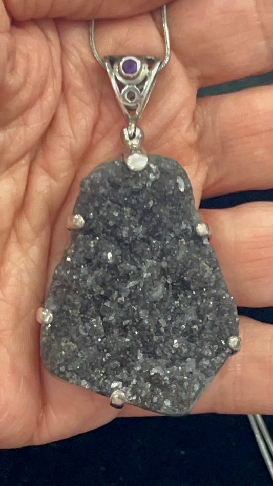 925 Sterling Silver Black Druzy Quartz Pendant with Amethyst Accent | Natural Druzy Crystal Necklace | Statement Jewelry
