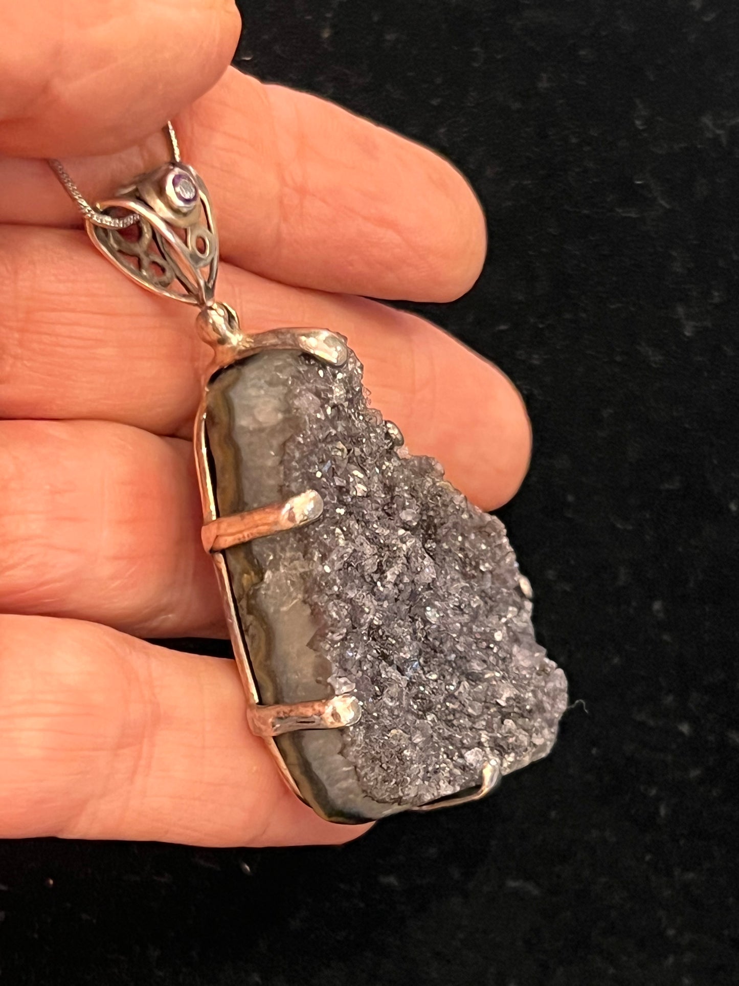 925 Sterling Silver Black Druzy Quartz Pendant with Amethyst Accent | Natural Druzy Crystal Necklace | Statement Jewelry