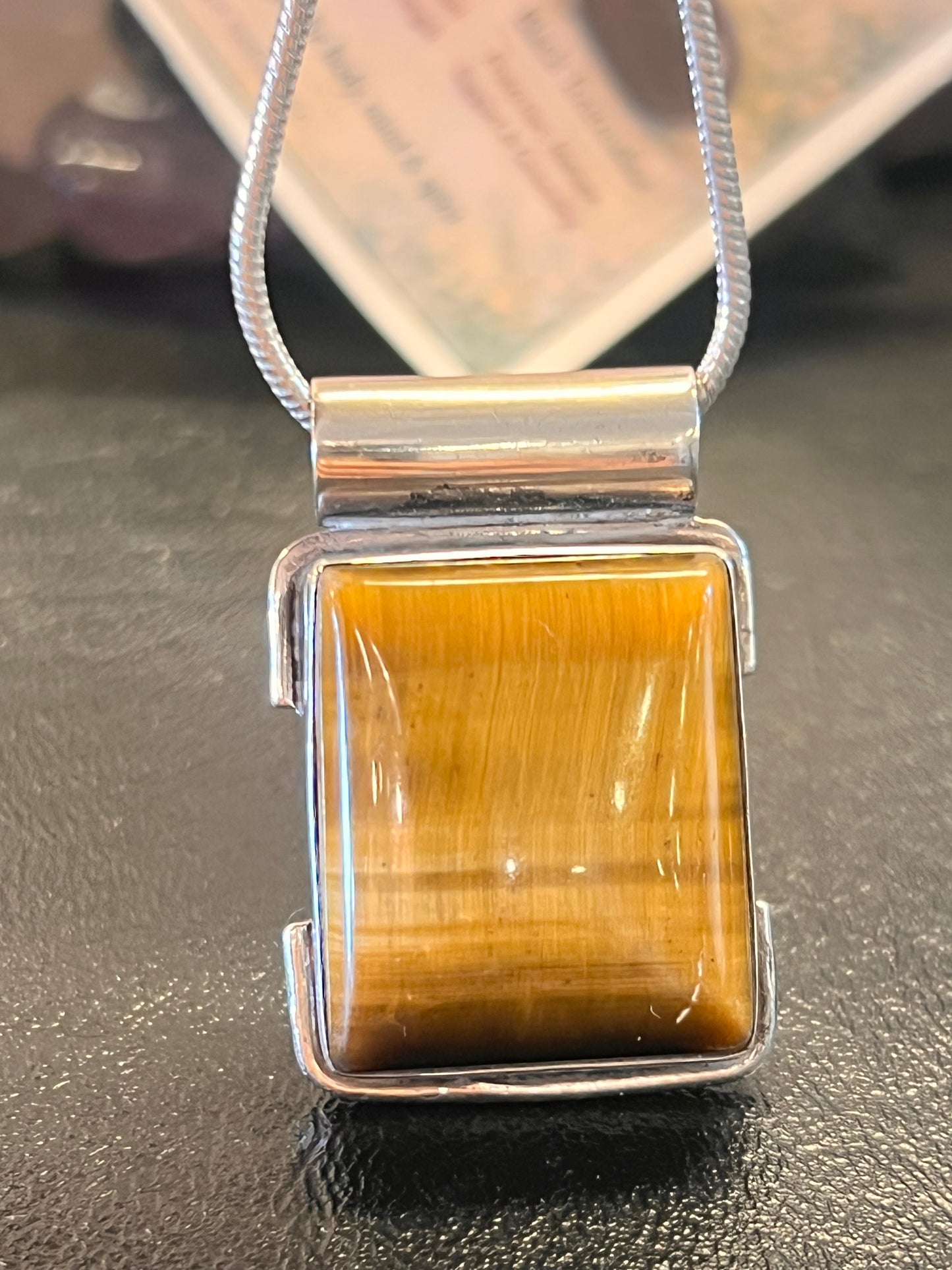 925 Sterling Silver Golden Tiger's Eye Pendant | Natural Tiger Eye Rectangle Necklace | Handmade Gemstone Jewelry