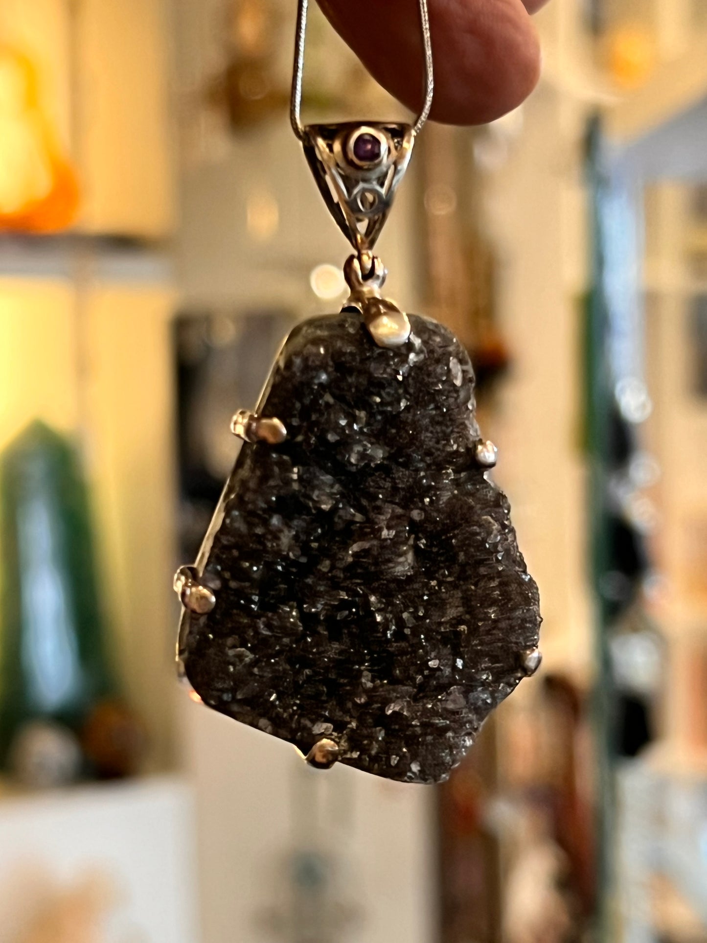 925 Sterling Silver Black Druzy Quartz Pendant with Amethyst Accent | Natural Druzy Crystal Necklace | Statement Jewelry