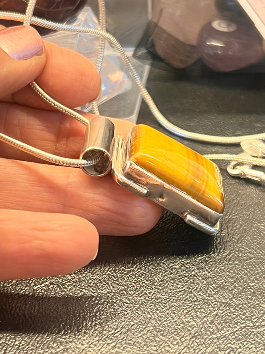 925 Sterling Silver Golden Tiger's Eye Pendant | Natural Tiger Eye Rectangle Necklace | Handmade Gemstone Jewelry