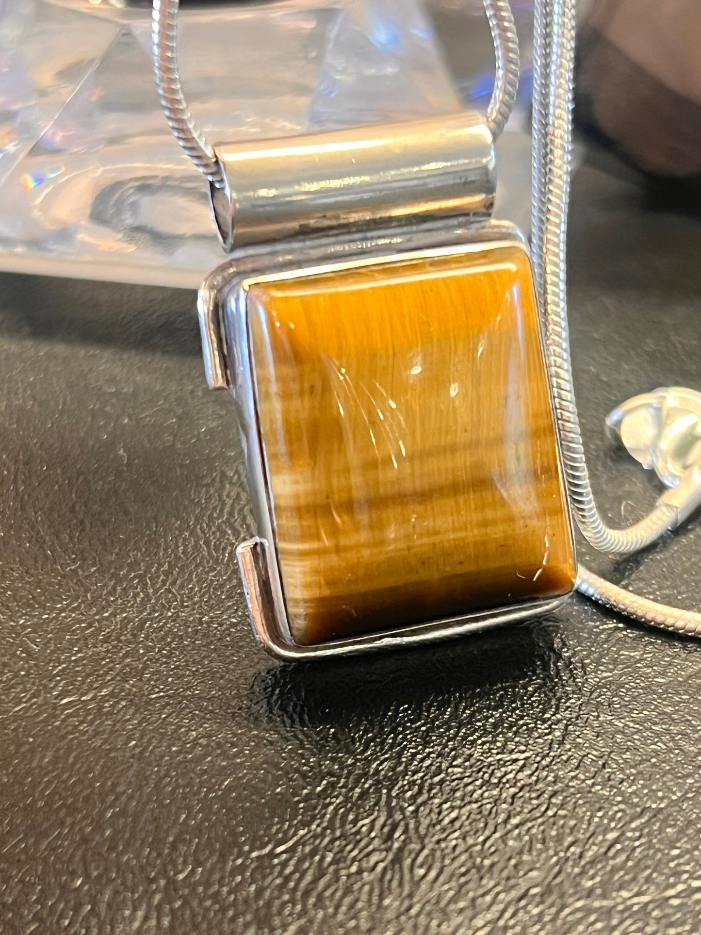 925 Sterling Silver Golden Tiger's Eye Pendant | Natural Tiger Eye Rectangle Necklace | Handmade Gemstone Jewelry