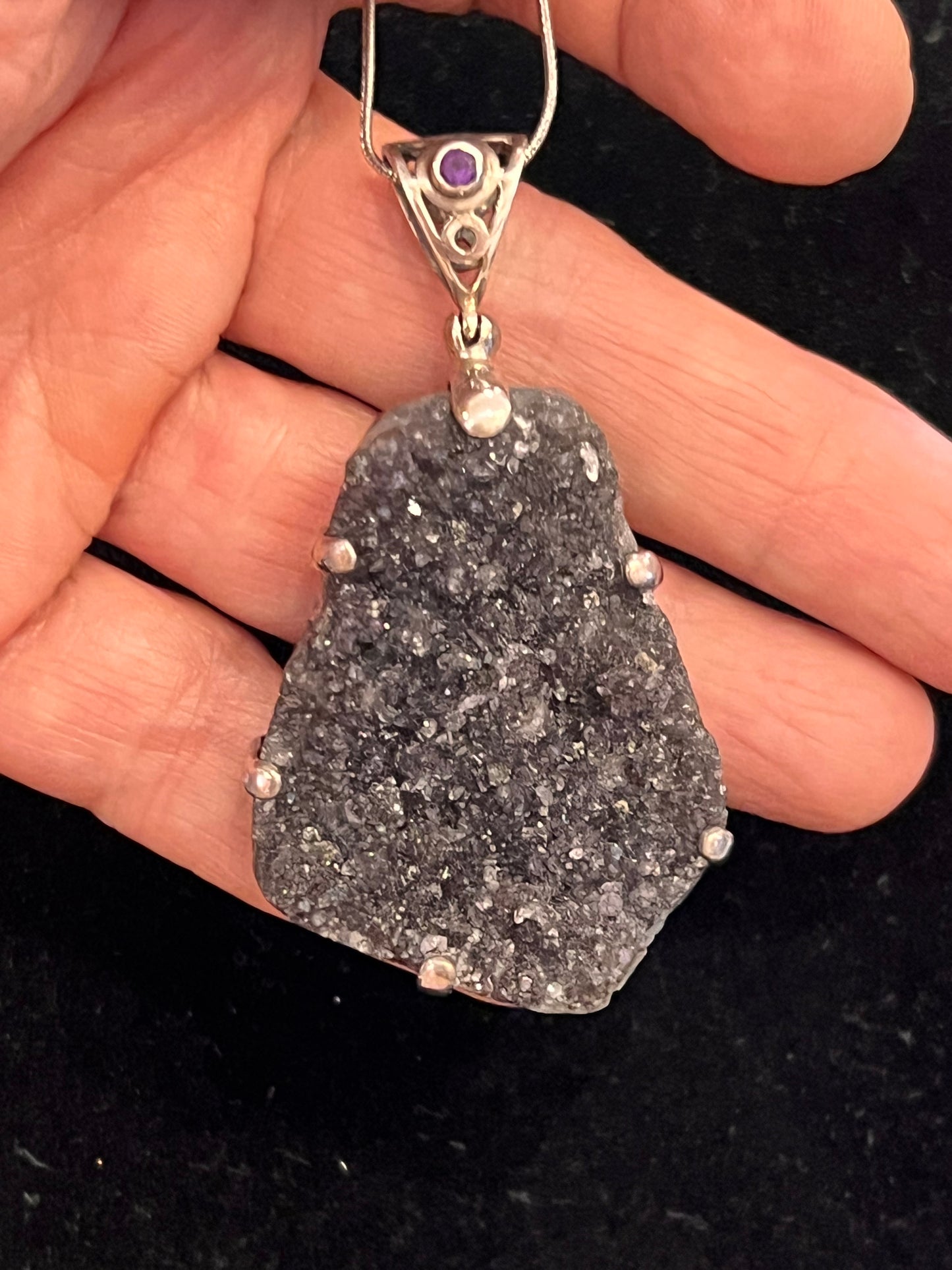 925 Sterling Silver Black Druzy Quartz Pendant with Amethyst Accent | Natural Druzy Crystal Necklace | Statement Jewelry