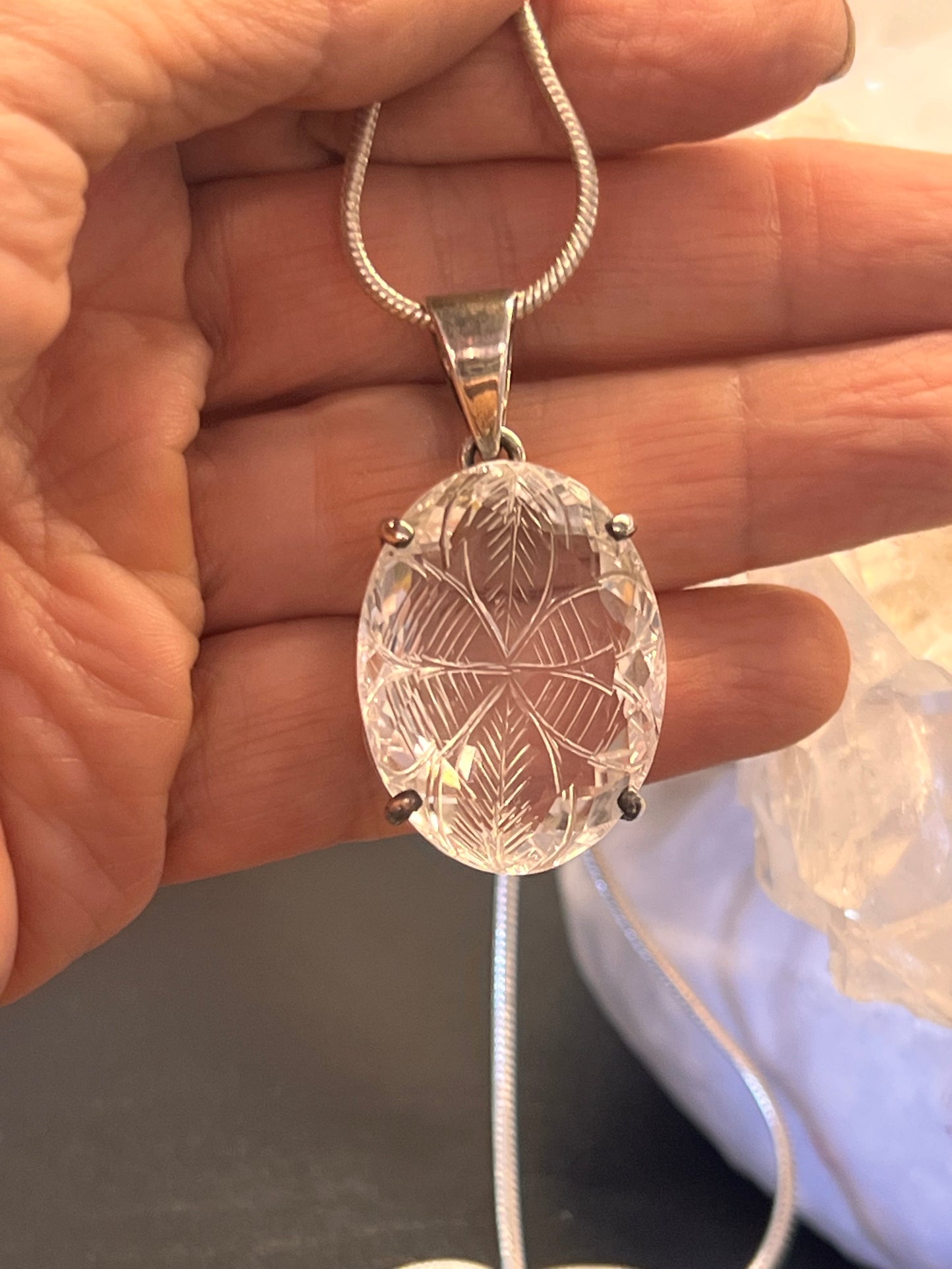 925 Sterling Silver Hand Carved Clear Quartz Flower Pendant | Oval Crystal Necklace | Healing Gemstone Jewelry