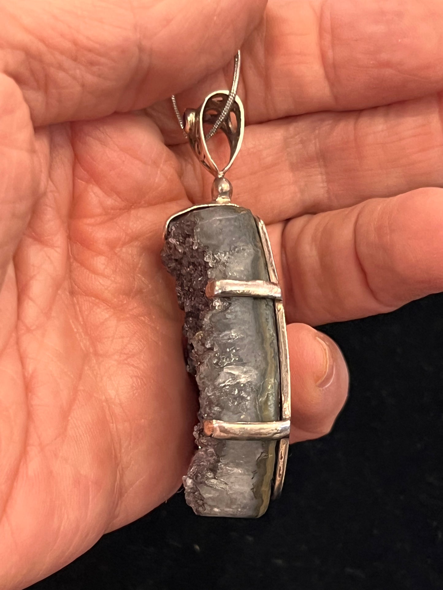 925 Sterling Silver Black Druzy Quartz Pendant with Amethyst Accent | Natural Druzy Crystal Necklace | Statement Jewelry
