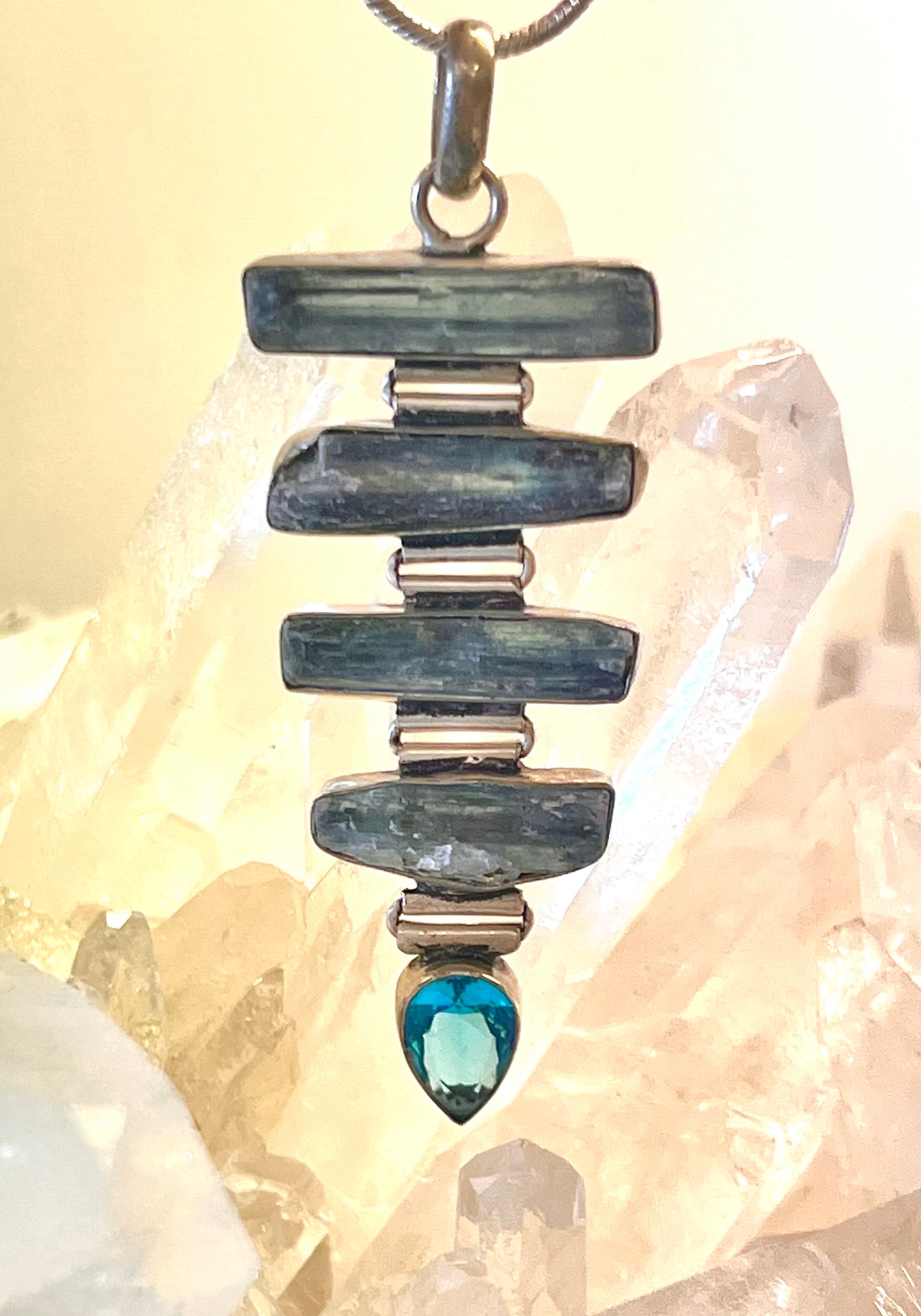925 Sterling Silver Natural Blue Kyanite Multi-Stone Pendant with Blue Topaz Accent | Handmade Gemstone Necklace