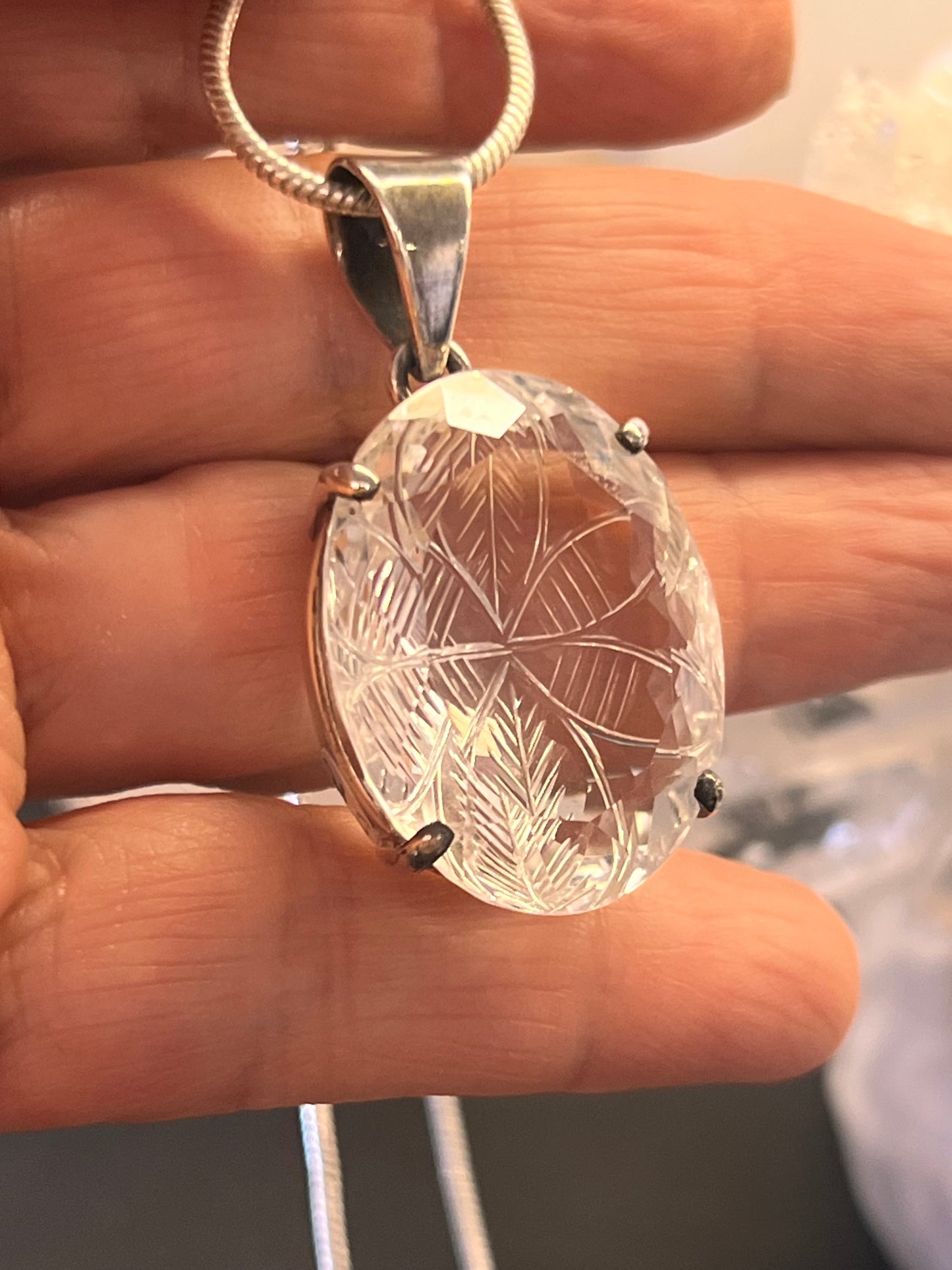 925 Sterling Silver Hand Carved Clear Quartz Flower Pendant | Oval Crystal Necklace | Healing Gemstone Jewelry