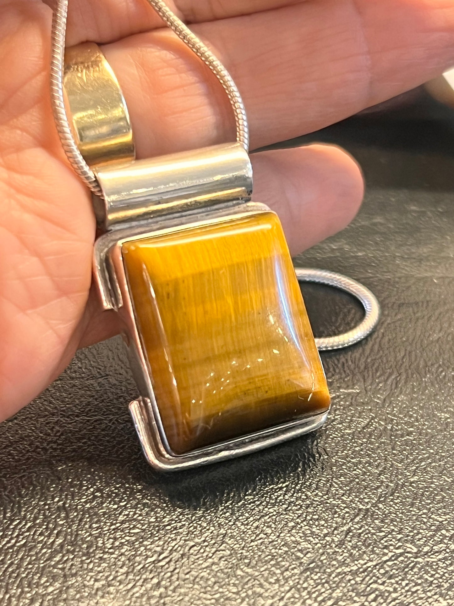 925 Sterling Silver Golden Tiger's Eye Pendant | Natural Tiger Eye Rectangle Necklace | Handmade Gemstone Jewelry