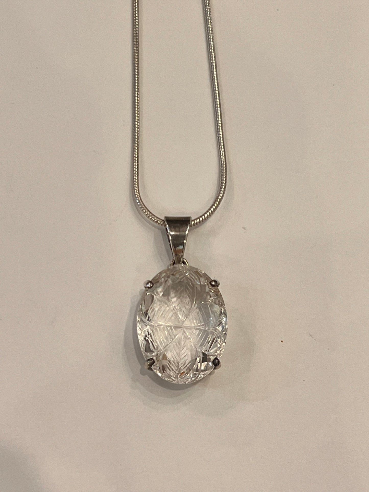 925 Sterling Silver Hand Carved Clear Quartz Flower Pendant | Oval Crystal Necklace | Healing Gemstone Jewelry