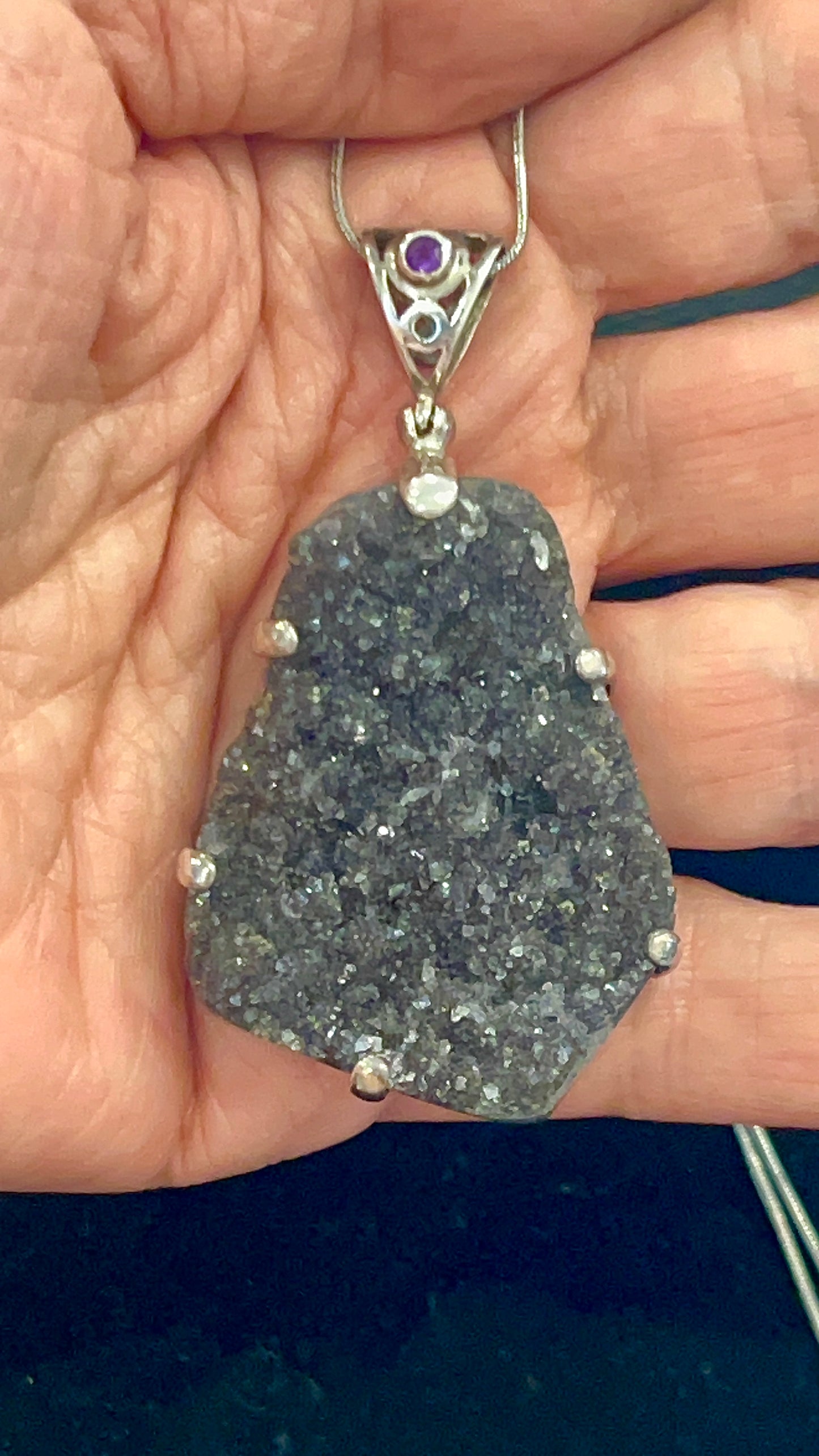 925 Sterling Silver Black Druzy Quartz Pendant with Amethyst Accent | Natural Druzy Crystal Necklace | Statement Jewelry