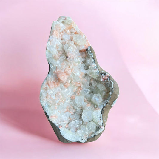 Large Pink Apophyllite & Stilbite Crystal Geode – Natural Healing Crystal Home Décor
