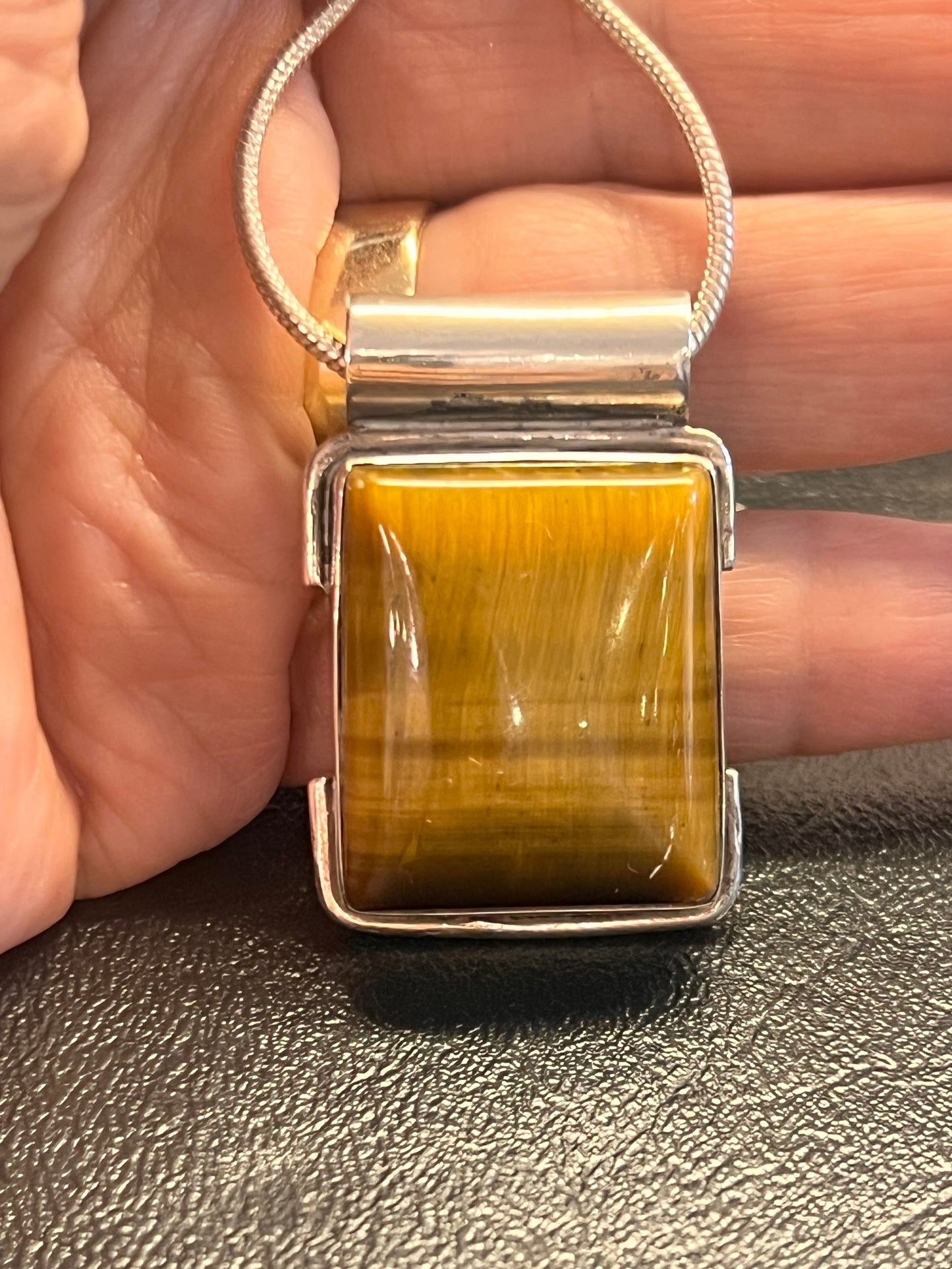 925 Sterling Silver Golden Tiger's Eye Pendant | Natural Tiger Eye Rectangle Necklace | Handmade Gemstone Jewelry