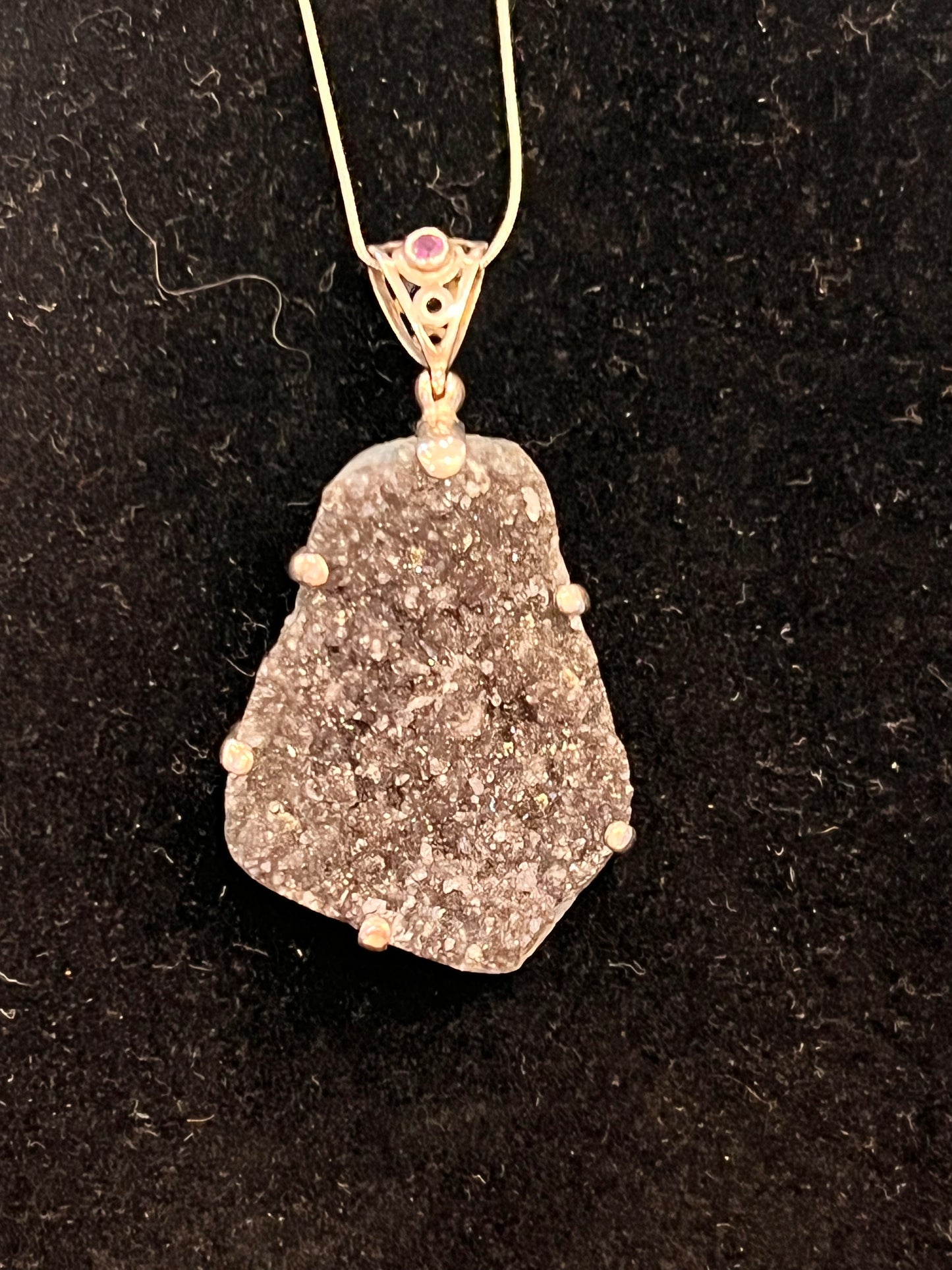 925 Sterling Silver Black Druzy Quartz Pendant with Amethyst Accent | Natural Druzy Crystal Necklace | Statement Jewelry