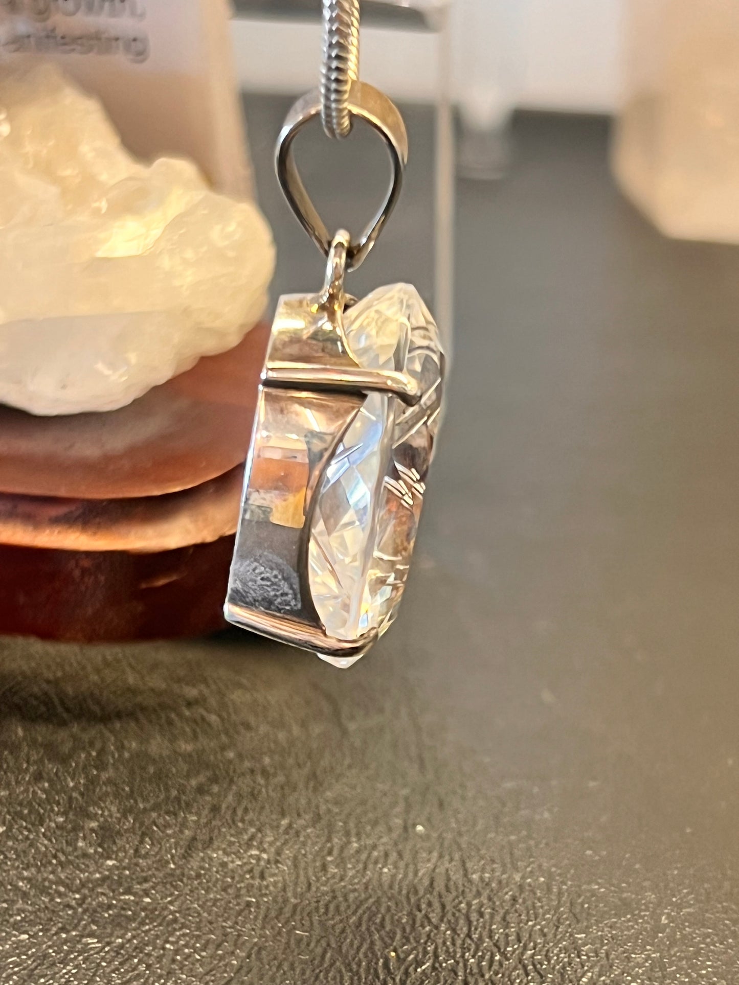 925 Sterling Silver Hand Carved Clear Quartz Flower Pendant | Oval Crystal Necklace | Healing Gemstone Jewelry