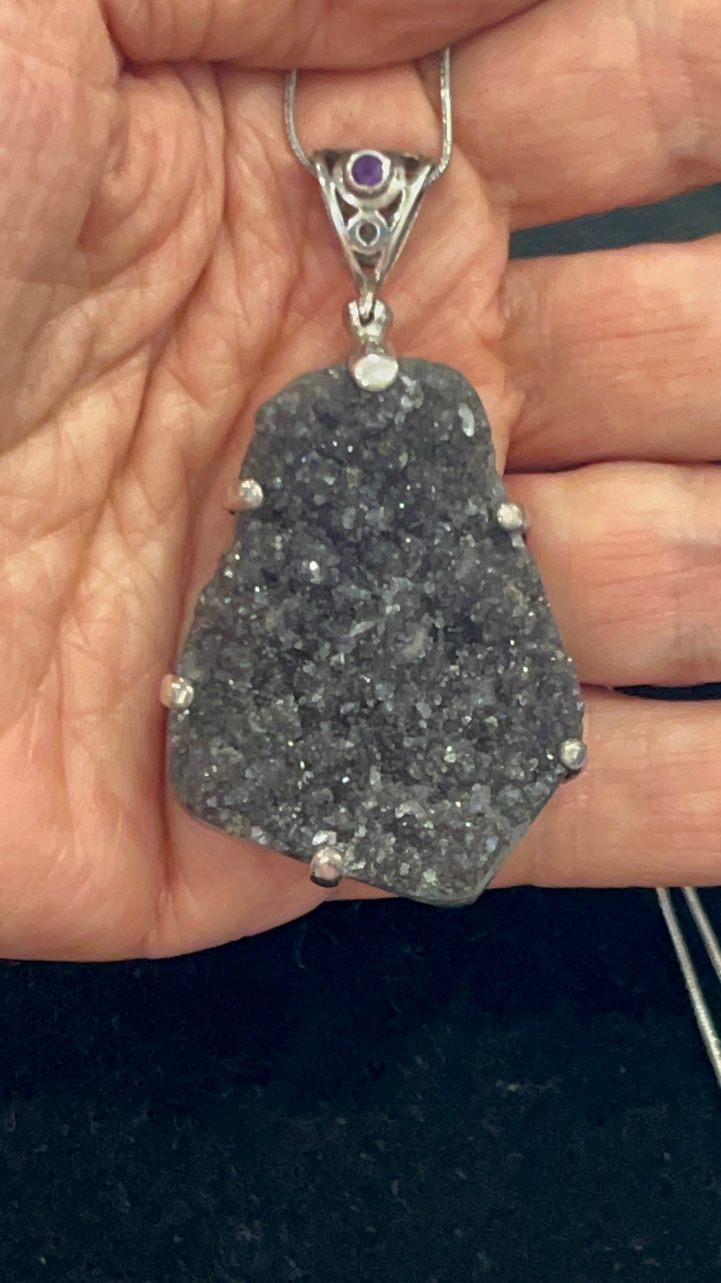 925 Sterling Silver Black Druzy Quartz Pendant with Amethyst Accent | Natural Druzy Crystal Necklace | Statement Jewelry