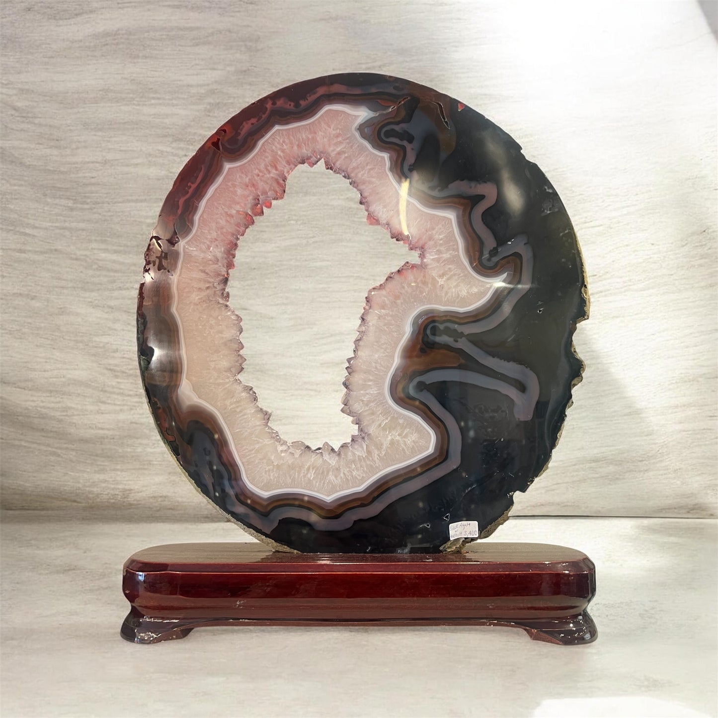 Large Pink Agate Geode Slice on Wooden Stand – Natural Crystal Display – Druzy Agate Statement Piece – Collector Mineral Specimen