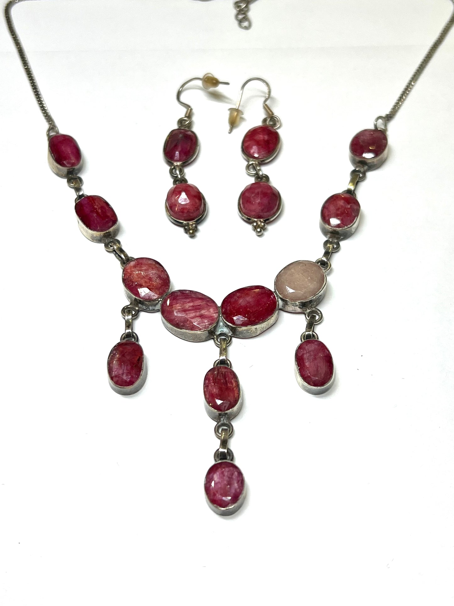Natural Ruby Gemstone Necklace Set with Earrings – Handmade Statement Jewelry – Sterling Silver – Boho Luxury Red Crystal Set