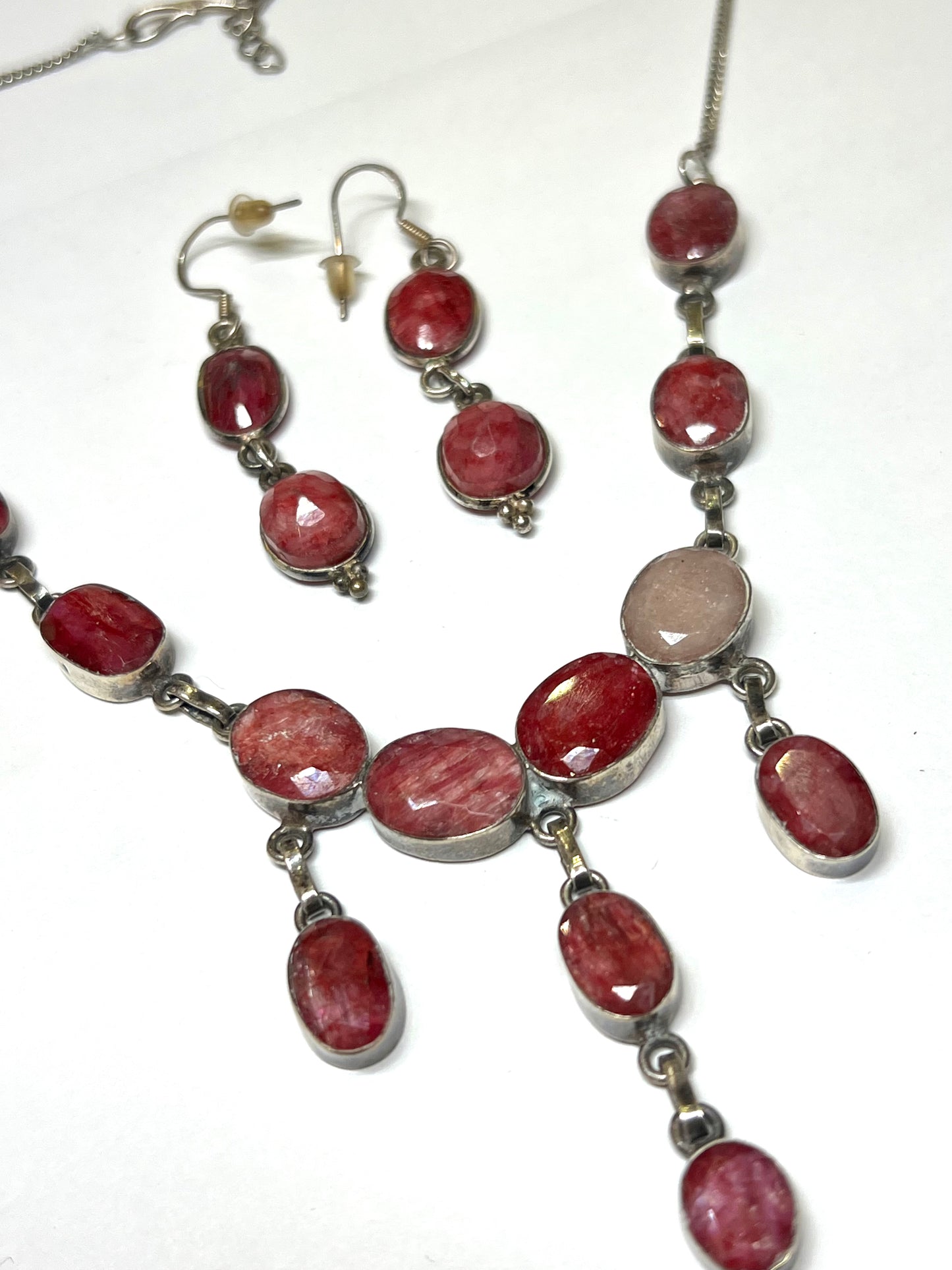 Natural Ruby Gemstone Necklace Set with Earrings – Handmade Statement Jewelry – Sterling Silver – Boho Luxury Red Crystal Set