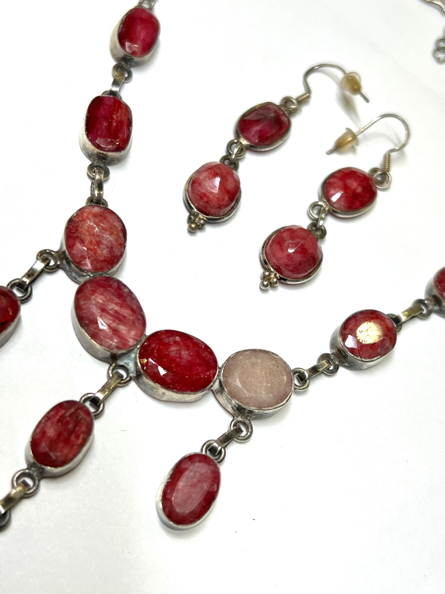 Natural Ruby Gemstone Necklace Set with Earrings – Handmade Statement Jewelry – Sterling Silver – Boho Luxury Red Crystal Set