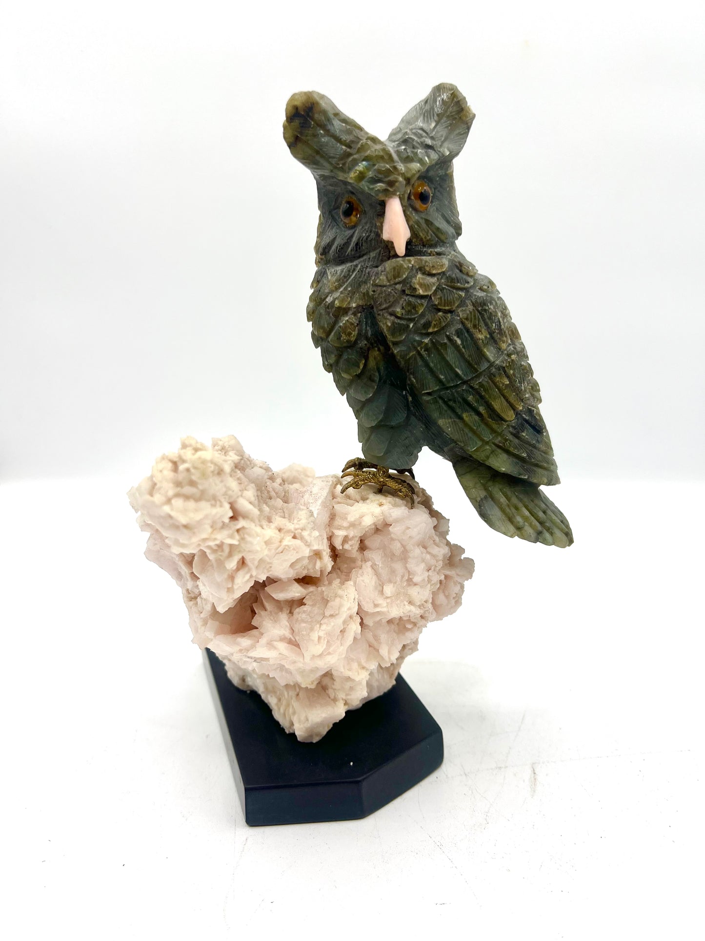 Hand-Carved Labradorite Owl on Pink Calcite Cluster – Intuition, Protection & Transformation Crystal Sculpture