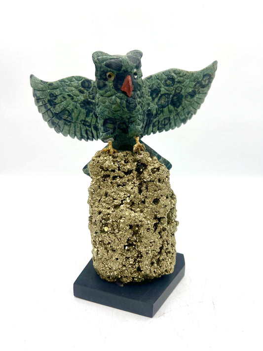 Hand-Carved Green Owl with Open Wings on Pyrite Base – Protection, Expansion & Abundance Crystal Sculpture