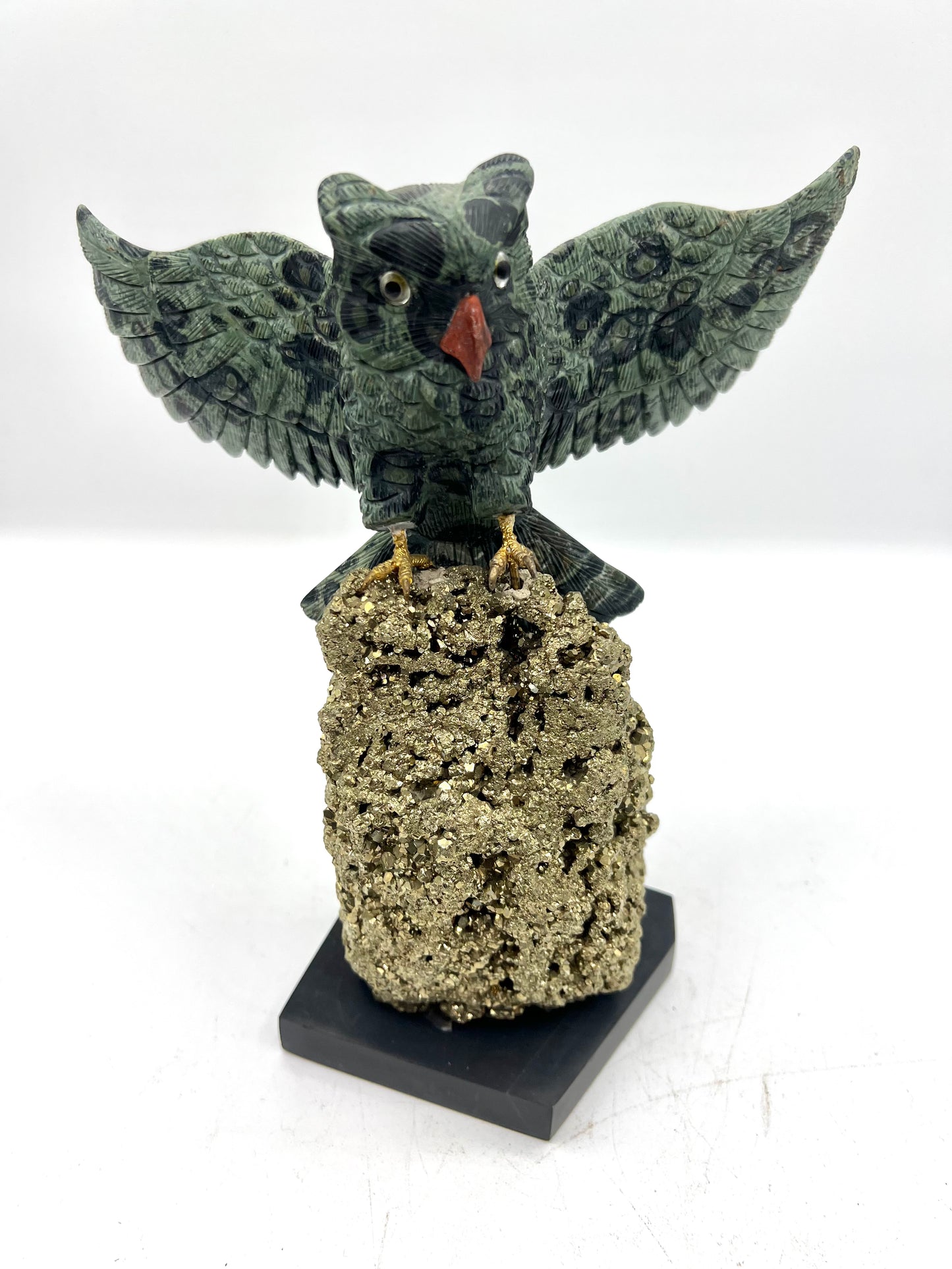 Hand-Carved Green Owl with Open Wings on Pyrite Base – Protection, Expansion & Abundance Crystal Sculpture